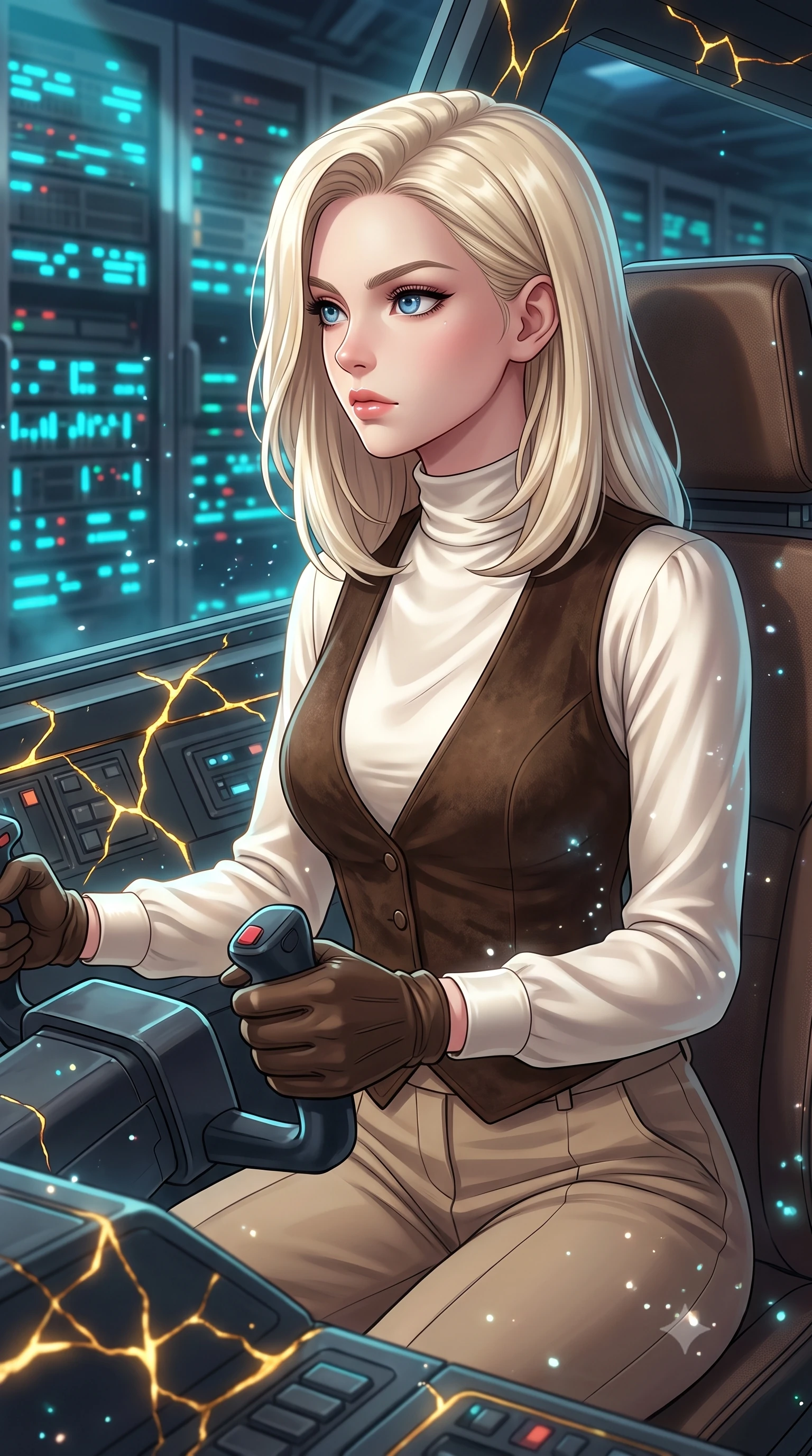 score_9, masterpiece, best quality, ultra-detailed, high-budget anime keyframe, editorial fashion photography, tasteful artistic composition, Caucasian woman, strictly human ears. close-up cowboy shot from the waist and thighs up, the character dominates the composition, filling the frame with her large presence, background elements kept in soft focus. Piloting a starfighter through a tight asteroid gap, hands tight on the flight yoke, looking sharply left. set against a soft-focus background of a server corridor where server racks are glitching, cyan light indicators pulsing rapidly in chaotic patterns. She has an exceptionally elegant and slender, willowy female figure with an ultra-slim waist, a gracefully sculpted slender torso, and a refined slim physique. sharp v-shaped jawline, high-bridge nose, intricate jewel-like eyes with depth, thick eyelashes, glossy lips with a natural sheen. wearing catching and diffusing the glowing particles, shimmering softly in response to the surrounding light, a form-contouring high-neck ivory silk blouse under a dark brown suede vest, paired with beige tailored trousers. highly saturated vibrant anime colors, intense vivid color palette, soft 3D volumetric shading, volumetric dynamic lighting, glowing kintsugi gold light radiating from cracks in the environment creating a majestic inner glow. 2k, ultra detail, master piece, 9:16 ratio