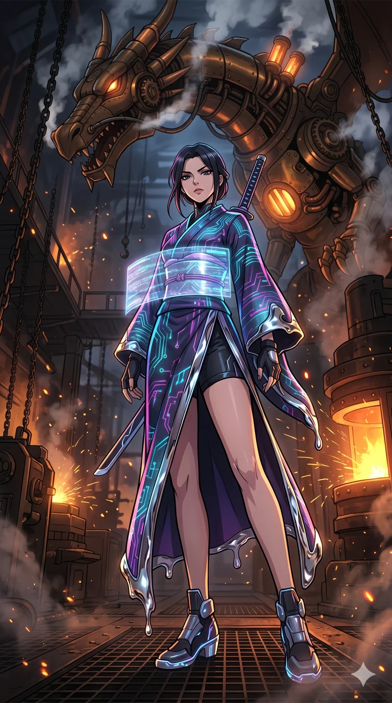 score_9, masterpiece, best quality, ultra-detailed, High-budget Anime Keyframe, vibrant colors, fluid line-art, expressive lighting, cinematic composition, Ufotable-style visual effects, top-tier animation quality, Korean woman with idol-like refined features. Dynamic full-body shot stretching the vertical silhouette, capturing her from a powerful low-angle perspective. Staring down a colossal mechanical dragon within a sprawling steampunk workshop, steam and embers filling the air. She has an absolutely perfect 8-heads proportion, an exceptionally tall and slender female figure with impossibly long slender legs and an ultra-slim waist, her statuesque height and towering silhouette dominating the vertical 9:16 frame. Her face is a masterpiece featuring a sharp v-shaped jawline, high-bridge nose, intricate jewel-like eyes with depth, thick eyelashes, and glossy lips with a natural sheen. She is wearing a High-slit tech-kimono with holographic obi and integrated neon-lit circuitry patterns crafted from Molten liquid mercury that flows and reflects the environment with metallic perfection, with sheer fabric transparency over her delicate curves and a high-cut silhouette. The scene is set in an abstract digital void with floating golden geometric shapes and rivers of flowing code, illuminated by harsh neon light and deep shadows creating a high-contrast noir aesthetic. 2k, ultra detail, master piece, 9:16 ratio