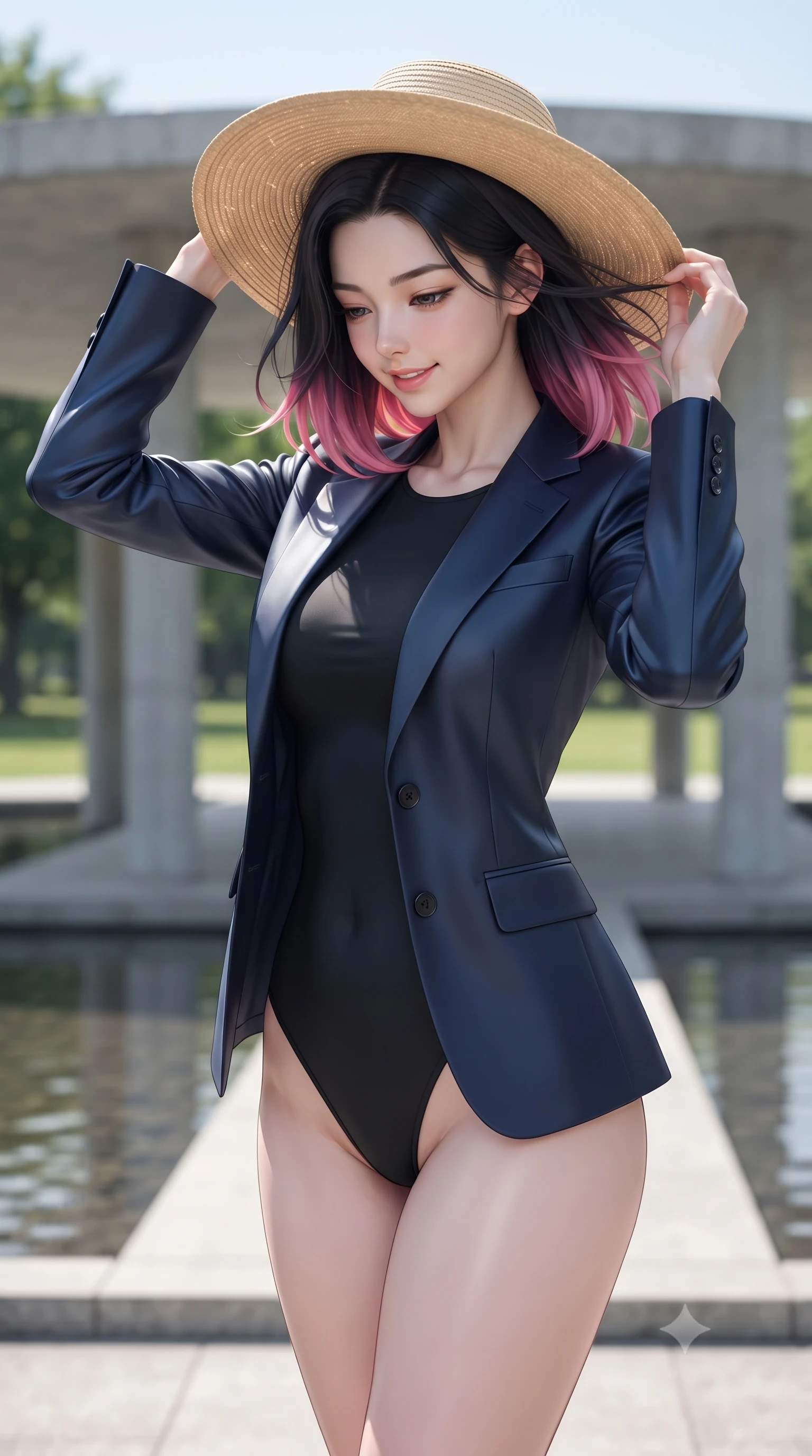 score_9, masterpiece, best quality, ultra-detailed, high-budget anime keyframe, editorial fashion photography, tasteful artistic composition, Korean woman woman. close-up cowboy shot from the waist and thighs up, the character dominates the composition, filling the frame with her large presence, background elements kept in soft focus. holding a wide-brimmed straw hat with both hands against the breeze, looking down with a soft smile the background shows a soft-focus a minimalist concrete pavilion in a green park, with water pools reflecting the structure. She has an exceptionally elegant, slender, and willowy female figure with an ultra-slim waist, a gracefully sculpted slender torso, and a refined silhouette. sharp v-shaped jawline, high-bridge nose, intricate jewel-like eyes with depth, thick eyelashes, glossy lips with a natural sheen. wearing a body-hugging sleek tailored blazer in navy blue worn closed over a tight-fitting black bodysuit. bright midday sun rays creating clean, sharp shadows and reflections. ultra-reflective glossy finish, specular highlights, metallic sheen, high-contrast stereoscopic depth, volumetric dynamic lighting, 2k, ultra detail, master piece, 9:16 ratio