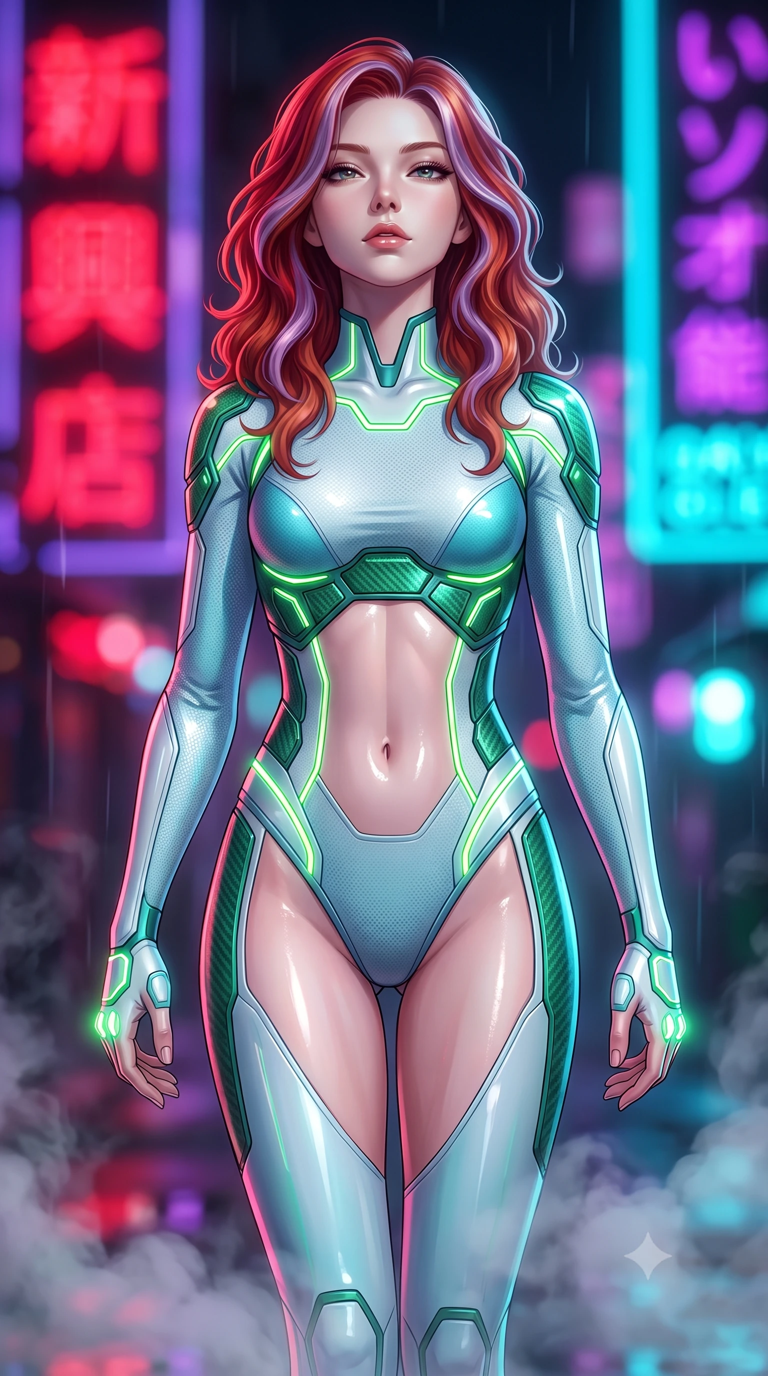 score_9, masterpiece, best quality, ultra-detailed, high-budget anime keyframe, semi-realistic 3D game render, editorial fashion photography, tasteful artistic composition, Caucasian woman. close-up cowboy shot from the waist and thighs up, the character dominates the composition, filling the frame with her large presence. tilting her head back with serene warrior composure, her sharp jawline and sculpted collarbones highlighted by glowing neon kinetic knuckles while stepping forward through drifting sewer steam with a slow, predatory combat advance that commands total respect. The composition keeps background elements in soft focus with creamy bokeh. flickering neon sign kanji and rain puddles blurred into dazzling crimson, violet, and electric cyan bokeh. She has an exceptionally elegant, slender, and willowy female figure with an ultra-slim waist, a gracefully sculpted slender torso, toned flat midriff, and a refined slim silhouette. sharp v-shaped jawline, high-bridge nose, intricate jewel-like eyes with depth, thick eyelashes, glossy lips with a natural sheen, flawlessly proportioned anatomical accuracy, strict slender model proportions, natural body alignment, perfectly sculpted long slender limbs, ultra-slim waistline, clean dynamic posture without body distortion. wearing an ultra-sleek glacial-cyan and white carbon-mesh combat bodysuit with frost-resistant kinetic shock-absorber plating in emerald green carbon composite with glowing lime laser channels, tailored from flexible second-skin carbon-mesh that clings flawlessly to her athletic curves, accented with glowing fiber-optic conduits tracing her collarbones and hip curves, the sleek second-skin cut tightly hugging her graceful clavicle, narrow waist, and feminine curves with athletic precision. illuminated by wet reflective highlights tracing her sculpted flat midriff, waist, and long legs. rich saturated anime colors with glowing neon highlights, detailed shading with soft gradients, rich glossy textures, high-contrast stereoscopic depth, volumetric dynamic lighting, master piece, 9:16 ratio