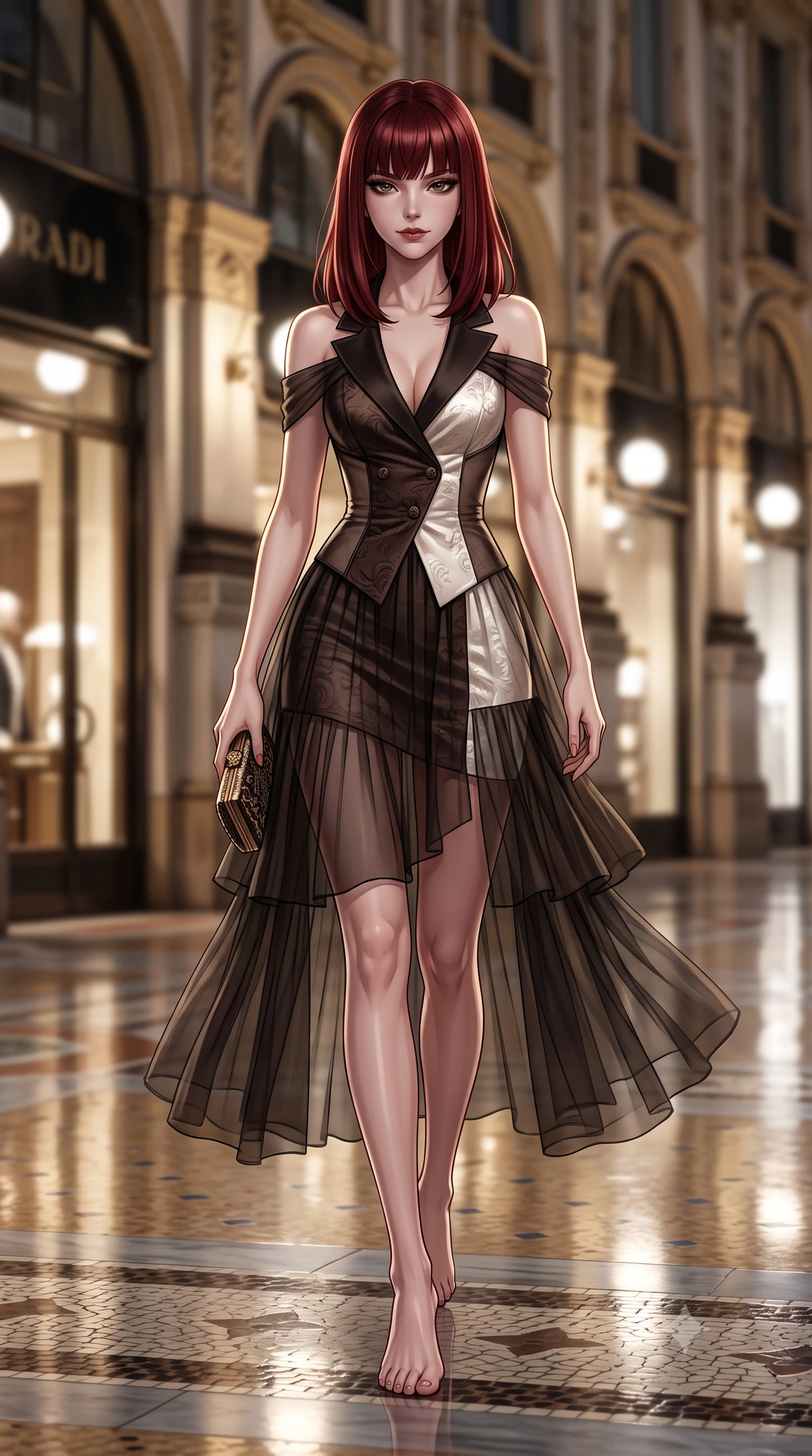 score_9, masterpiece, best quality, ultra-detailed, high-budget anime keyframe, editorial fashion photography, tasteful artistic composition, Caucasian woman. low angle full-body shot from head to toe showing her feet, filling the entire 9:16 vertical frame with her statuesque presence, stretching her vertical silhouette. striding forward gracefully across the reflective floor with sovereign supermodel poise, hips swaying in an alluring kinetic rhythm that accentuates her curvy hourglass silhouette and long slender legs while lounging gracefully on an ornate marble arcade bench with legs crossed, holding a designer clutch with effortless aristocratic superiority. The composition keeps background elements in soft focus with dreamy creamy bokeh. the quiet midnight mosaic arcade floor and elegant shopfront brass frames softened in regal Milanese shallow focus. She has an exceptionally tall and slender model-like 8.5-heads proportion, an ultra-slim waist, a flat toned midriff, narrow delicate ribcage, and beautifully sculpted feminine hips creating a graceful, slim hourglass silhouette without any bulky heaviness, with impossibly long slender legs. sharp v-shaped jawline, high-bridge nose, intricate jewel-like dark sparkling eyes with dangerous depth, thick curled eyelashes, glossy parted lips with a rich wine sheen, smoldering seductive half-smile with bedroom-eyes, exuding effortless superiority and intoxicating dark allure, flawlessly proportioned anatomical accuracy, strict slender model proportions, natural body alignment, perfectly sculpted long slender limbs, ultra-slim waistline, clean dynamic posture without body distortion. wearing a tiered semi-sheer black tulle and silk slip dress with an ultra-slim corseted waist and bare shoulders in dark espresso brown and pearlescent ivory, tailored from rich silk jacquard with subtle embossed baroque patterns, finished with sharp tailored peak lapels and subtle horn button accents, the form-fitting cut adhering flawlessly to her sculpted flat midriff and slender torso, emphasizing her long leg lines and perfectly proportioned willowy build. illuminated by crisp champagne gold rim lighting and sharp architectural downlights sculpting her razor-sharp jawline, narrow waist, and curvy hips. ultra-reflective glossy finish, specular highlights, rich textural contrasts, high-contrast stereoscopic depth, volumetric dynamic lighting, 2k, ultra detail, master piece, 9:16 ratio