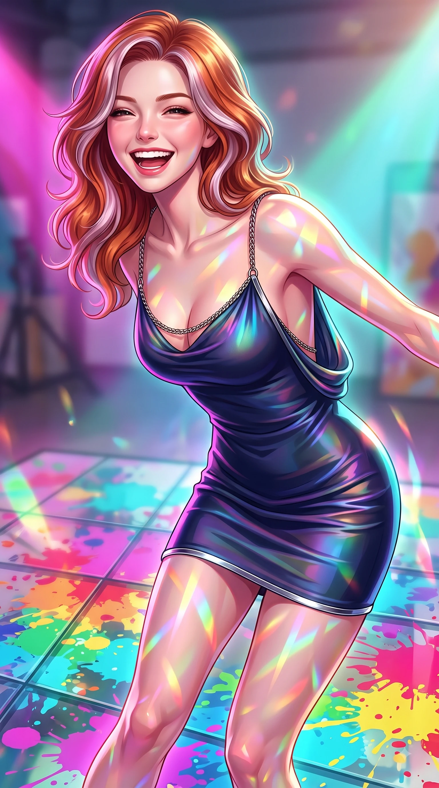 score_9, masterpiece, best quality, ultra-detailed, high-budget anime keyframe, editorial fashion photography, tasteful artistic composition, Caucasian woman. close-up cowboy shot from the waist and thighs up, the character dominates the composition, filling the frame with her large presence, background elements kept in soft focus. Joyful laughing expression filled with genuine happiness and warmth, leaning forward with cheerful energy while pivoting gracefully on a reflective glass floor drenched in vibrant multi-color paint splashes, a kaleidoscope of refractions forming colorful geometric light patterns on her skin. She has an exceptionally elegant, slender, and willowy female figure with an ultra-slim waist, a gracefully sculpted slender torso, and a refined silhouette. sharp v-shaped jawline, high-bridge nose, intricate jewel-like eyes with depth, thick eyelashes, glossy lips with a natural sheen, flawlessly proportioned anatomical accuracy, natural body alignment, perfectly sculpted elegant limbs, clean dynamic posture without body distortion. wearing a precision-fitted liquid jersey bodycon dress with a graceful draped back in midnight navy blue and chrome trim, crafted from iridescent chiffon that shifts colors in the light, adorned with delicate metallic chain straps along the neckline, the elegant draped fit framing her graceful clavicle and slender torso. surrounded by a radiant glow of magenta, aqua, and golden fluid highlights. highly saturated vibrant anime colors, detailed shading with soft gradients, rich glossy textures, high-contrast stereoscopic depth, volumetric dynamic lighting, master piece, 9:16 ratio