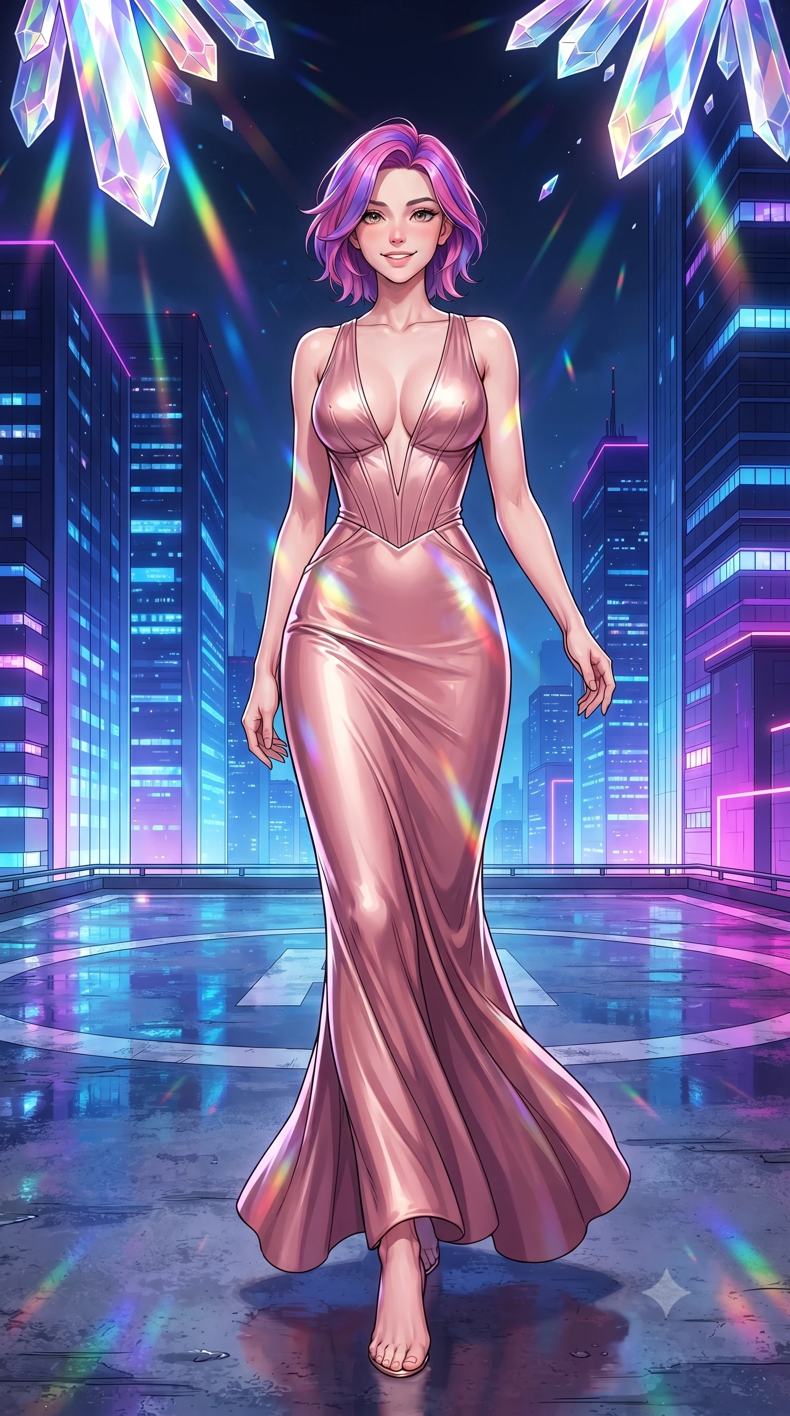 score_9, masterpiece, best quality, ultra-detailed, high-budget anime keyframe, editorial fashion photography, tasteful artistic composition, gorgeous anime illustration, with clean line-art, distinct ink outlines, and high-contrast stereoscopic depth, Caucasian woman, strictly human ears. low angle full-body shot from head to toe showing her feet, filling the entire 9:16 vertical frame with her statuesque presence, stretching her vertical silhouette. stepping elegantly with a warm, welcoming smile through on a high-rise building helipad at night, with wet concrete reflecting the vibrant blue and purple neon lights of surrounding skyscrapers. She has a statuesque 8.5-heads proportion, an exceptionally tall, slender and willowy model-like build with impossibly long legs and a highly sculpted ultra-slim waist. sharp v-shaped jawline, high-bridge nose, intricate jewel-like eyes with depth, thick eyelashes, glossy lips with a natural sheen. wearing a floor-length gown in liquid rose gold, featuring an ultra-deep plunging V-neckline and a highly structured bodice. cascading rainbow prismatic light refracting through crystal formations overhead. 2k, ultra detail, master piece, 9:16 ratio, highly saturated vibrant anime colors, detailed cel-shading with soft gradients, rich glossy textures, deep contrast, volumetric dynamic lighting, 2d animation style