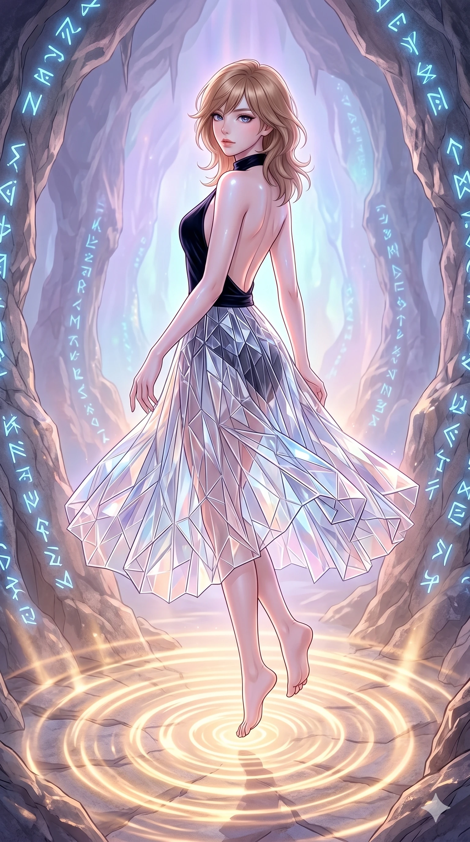 score_9, masterpiece, best quality, ultra-detailed, high-budget anime keyframe, editorial fashion photography, tasteful artistic composition, Korean woman. upper body close-up from the thighs up, character filling the screen for maximum presence. floating suspended above through a mystical cavern where the walls are lined with glowing blue runes as waves of warm golden light ripple outward from her steps. She has an absolutely perfect 8-heads proportion, an exceptionally tall and slender female figure with impossibly long slender legs and an ultra-slim waist. V-shaped jawline, high-bridge nose, intricate jewel-like eyes with depth, thick eyelashes, glossy lips with a natural sheen.. wearing a fractal glass pleated skirt and a open-back black velvet halter neck top, creating a dramatic and elegant silhouette. enhanced by a luminous pastel spectrum glow, casting elegant rim lights on her shoulders and jawline. 2k, ultra detail, master piece, 9:16 ratio