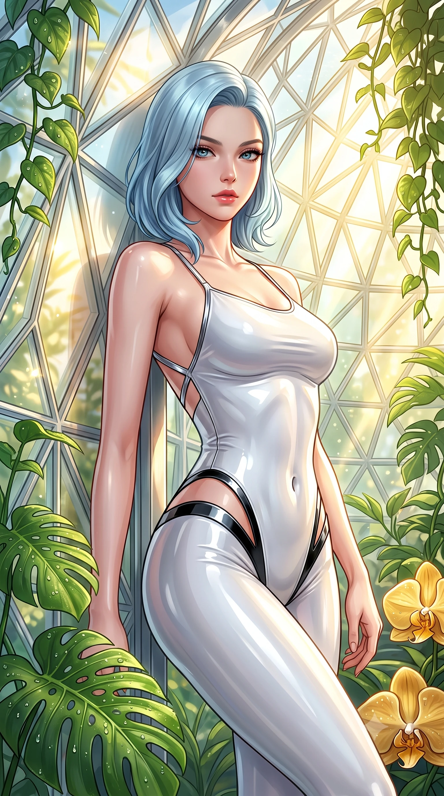 score_9, masterpiece, best quality, ultra-detailed, high-budget anime keyframe, semi-realistic 3D game render, editorial fashion photography, tasteful artistic composition, Korean woman. close-up cowboy shot from the waist and thighs up, the character dominates the composition, filling the frame with her large presence. gazing directly into the lens with bedroom eyes and a breathtaking, dangerous allure that commands the entire composition while leaning against a sun-drenched geometric glass dome wall framed by trailing emerald vines and rare blossoms. The surrounding environment is rendered in vivid detail and crisp panoramic clarity. intricate crystal glasshouse dome architecture, dewdrop details on Monstera leaves, and golden orchid petals in deep focus. She has an exceptionally elegant, slender, and willowy female figure with an ultra-slim waist, a gracefully sculpted slender torso, toned flat midriff, and a refined slim silhouette. sharp v-shaped jawline, high-bridge nose, intricate jewel-like eyes with depth, thick eyelashes, glossy lips with a natural sheen, flawlessly proportioned anatomical accuracy, strict slender model proportions, natural body alignment, perfectly sculpted long slender limbs, ultra-slim waistline, clean dynamic posture without body distortion. wearing a second-skin white liquid-mercury micro-bodysuit sculpted tightly to her slender build, featuring razor-thin metallic straps and hip cutouts in high-gloss monochrome white and sharp black contrast, crafted from ultra-reflective second-skin latex with a high-gloss glass-like polish, complemented by criss-cross back straps highlighting her completely bare spine, the sleek second-skin cut tightly hugging her graceful clavicle, narrow waist, and feminine curves with athletic precision. bathed in intense volumetric golden sunbeams streaming through crystalline glass dome panes. highly saturated vibrant anime colors, detailed shading with soft gradients, rich glossy textures, high-contrast stereoscopic depth, volumetric dynamic lighting, master piece, 9:16 ratio