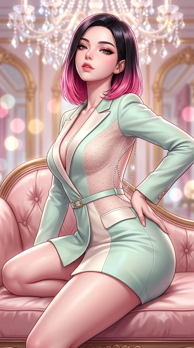score_9, masterpiece, best quality, ultra-detailed, high-budget anime keyframe, semi-realistic 3D game render, editorial fashion photography, tasteful artistic composition, Korean woman. close-up cowboy shot from the waist and thighs up, the characte
