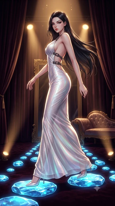score_9, masterpiece, best quality, ultra-detailed, High-budget Anime Keyframe, East Asian woman. Dynamic full-body shot stretching the vertical silhouette to the limit. Scenario 352: stepping across glowing azure stones in a velvet-lined dressing ro