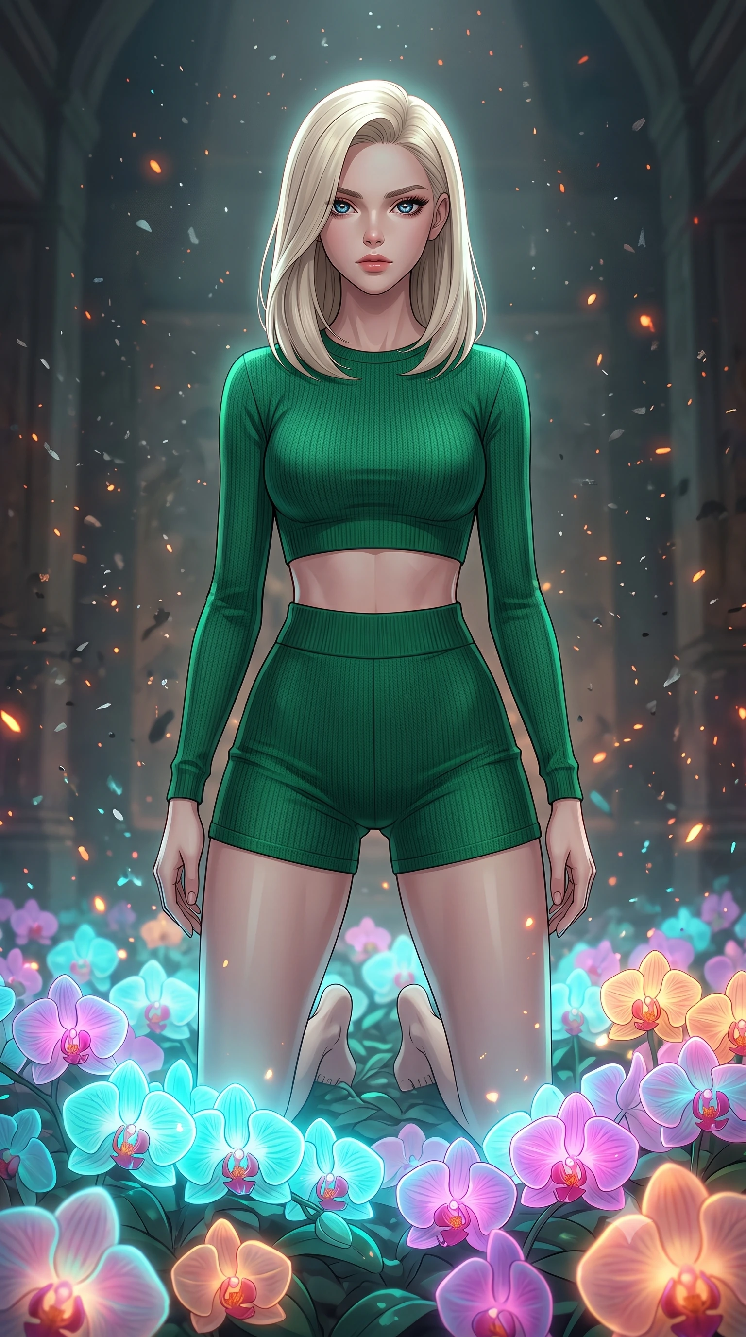 score_9, masterpiece, best quality, ultra-detailed, High-budget Anime Keyframe, Caucasian woman, strictly human ears. Low angle cowboy shot filling the entire 9:16 frame with her statuesque presence. Scenario 433: kneeling on a soft bed of glowing neon orchids under a quiet chamber filled with glowing embers and floating ash particles. Her presence is magnetic and overpowering in this high-budget anime scene. Outfit 433: a tailored emerald green bodycon knit bodysuit worn over an opaque crop top and high-waisted shorts. The clothing is designed to emphasize her exceptionally tall and slender 8-heads proportion. 8-heads proportion, towering silhouette, ultra-slim waist. sharp v-shaped jawline, intricate jewel-like eyes with depth, thick eyelashes, glossy lips. 2k, ultra detail, master piece, 9:16 ratio