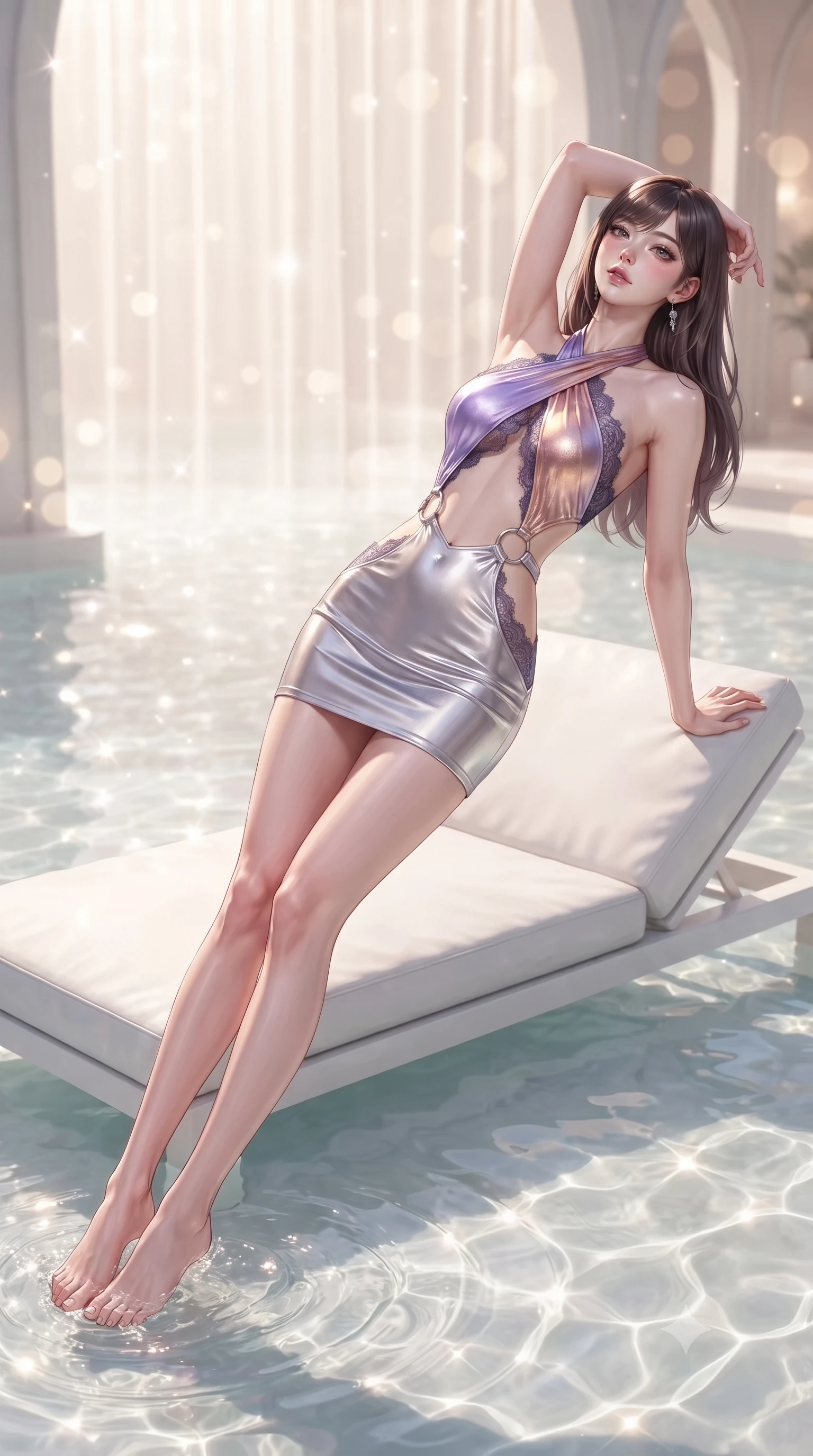 score_9, masterpiece, best quality, ultra-detailed, high-budget anime keyframe, editorial fashion photography, tasteful artistic composition, Korean woman. low angle full-body shot from head to toe showing her feet, filling the entire 9:16 vertical frame with her statuesque presence, stretching her vertical silhouette. arching her back in a fluid zero-gravity turn with sovereign grace, her long slender legs and sculpted torso creating a sweeping line while lounging gracefully on a floating white lounger as clear shallow water ripples around her slender ankles. The composition keeps background elements in soft focus with creamy bokeh. sparkling sunlight water caustics creating a soft, luminous light curtain in the background. She has an absolutely perfect, statuesque 8.5-heads proportion, an exceptionally tall and slender model-like female figure with impossibly long slender legs, a toned flat midriff, and an ultra-slim waist. sharp v-shaped jawline, high-bridge nose, intricate jewel-like eyes with depth, thick eyelashes, glossy lips with a natural sheen, flawlessly proportioned anatomical accuracy, strict slender model proportions, natural body alignment, perfectly sculpted long slender limbs, ultra-slim waistline, clean dynamic posture without body distortion. wearing a molten silver liquid-metal mini dress featuring deep side-waist cutouts and a daring crossover halter neckline in luminous lavender violet and rose gold, crafted from delicate dark lace interwoven with luminescent micro-fibers, detailed with polished silver rings connecting the daring side-waist cutouts, the precision-cut daring openings accentuating her delicate midriff, graceful bare collarbones, and ultra-slim feminine waistline. surrounded by an opulent, luminous, and enchantingly seductive contemporary pavilion ambiance. ultra-reflective glossy finish, specular highlights, metallic sheen, high-contrast stereoscopic depth, volumetric dynamic lighting, 2k, ultra detail, master piece, 9:16 ratio