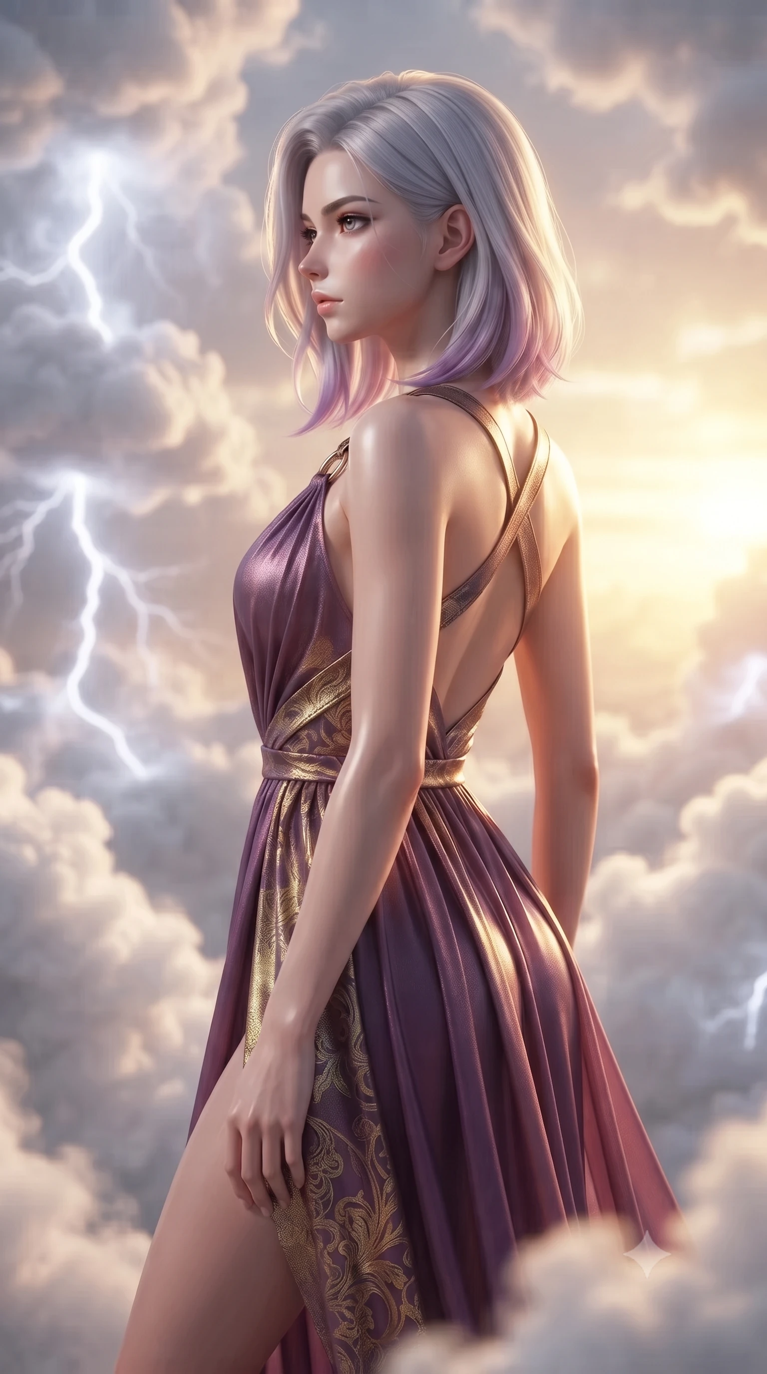 score_9, masterpiece, best quality, ultra-detailed, high-budget anime keyframe, editorial fashion photography, tasteful artistic composition, Caucasian woman. close-up cowboy shot from the waist and thighs up, the character dominates the composition, filling the frame with her large presence, background elements kept in soft focus. Turning her face in sharp dramatic profile against the bright light, showcasing her sharp v-shaped jawline standing inside a floating cloud chamber where soft white storm clouds knot into silk threads, volumetric cumulus cloud textures illuminated from within by electric light. She has an exceptionally elegant, slender, and willowy female figure with an ultra-slim waist, a gracefully sculpted slender torso, and a refined silhouette. sharp v-shaped jawline, high-bridge nose, intricate jewel-like eyes with depth, thick eyelashes, glossy lips with a natural sheen. wearing an asymmetrical Grecian draped chiffon gown with a metallic shoulder ring in plum purple and gold filigree, woven from fine semi-opaque sheer organza, complemented by criss-cross back straps highlighting her bare shoulders, the elegant draped fit framing her graceful clavicle and slender torso. illuminated by soft internal cloud lightning and golden sunset backlighting. ultra-reflective glossy finish, specular highlights, metallic sheen, high-contrast stereoscopic depth, volumetric dynamic lighting, 2k, ultra detail, master piece, 9:16 ratio