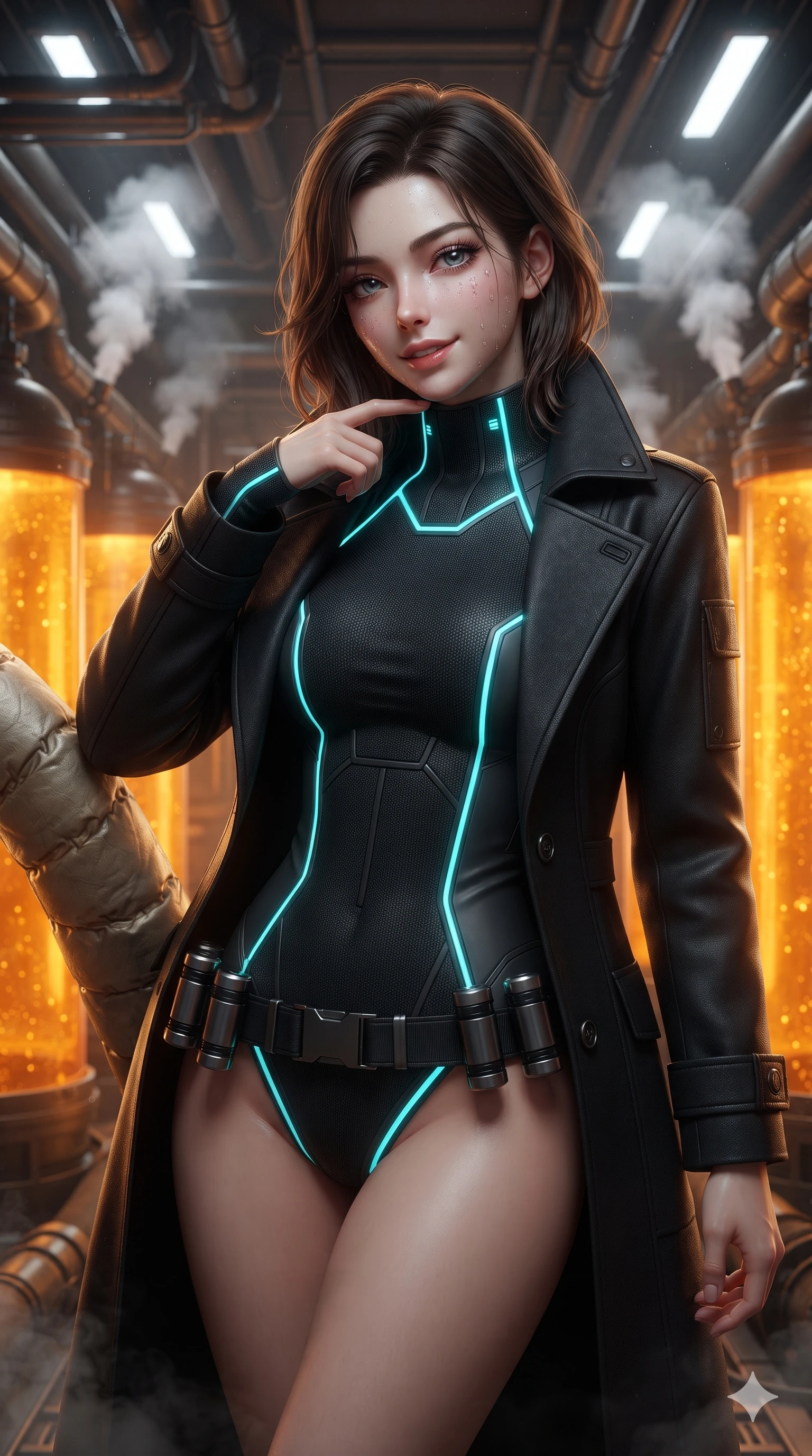 score_9, masterpiece, best quality, ultra-detailed, high-budget anime keyframe, editorial fashion photography, tasteful artistic composition, Korean woman. close-up cowboy shot from the waist and thighs up, the character dominates the composition, filling the frame with her large presence. tilting her head with a teasing half-smile, running one finger slowly along her glowing comm-link collar in a flirtatious gesture while leaning against a heavy insulated conduit casing with hips cocked back, casting an intoxicating bedroom-gaze through condensation droplets. The background shows a soft-focus towering amber coolant fluid cylinders, criss-crossing overhead piping networks, and venting white steam plumes blurred into amber, cream, and charcoal bokeh. She has an exceptionally elegant, slender, and willowy female figure with an ultra-slim waist, flat toned midriff, narrow ribcage, and sculpted feminine hips creating an alluring, slim hourglass silhouette without bulk. sharp v-shaped jawline, high-bridge nose, intricate jewel-like sparkling eyes with depth, thick eyelashes, glossy parted lips with a natural sheen, bright confident smile with an enchanting and coquettish sensual glint, exuding both youthful magnetic charm and sovereign high-tech allure, flawlessly proportioned anatomical accuracy, strict slender model proportions, natural body alignment, perfectly sculpted long slender limbs, ultra-slim waistline, clean dynamic posture without body distortion. wearing a structured aerospace commander greatcoat layered over an armored high-neck knit underlayer in matte obsidian black and glowing neon cyan trim, made of flexible bullet-resistant ballistic microfiber with high-tensile strength, accented with a sleek utility belt with polished magnetic canisters resting loosely on her curvy hips, the bespoke structured tailoring following the natural line of her 8.5-heads silhouette with refined elegance. bathed in the warm luminous glow emanating from within the amber coolant columns mixed with crisp overhead white floodlights. ultra-reflective glossy finish, specular highlights, rich textural contrasts, high-contrast stereoscopic depth, volumetric dynamic lighting, 2k, ultra detail, master piece, 9:16 ratio