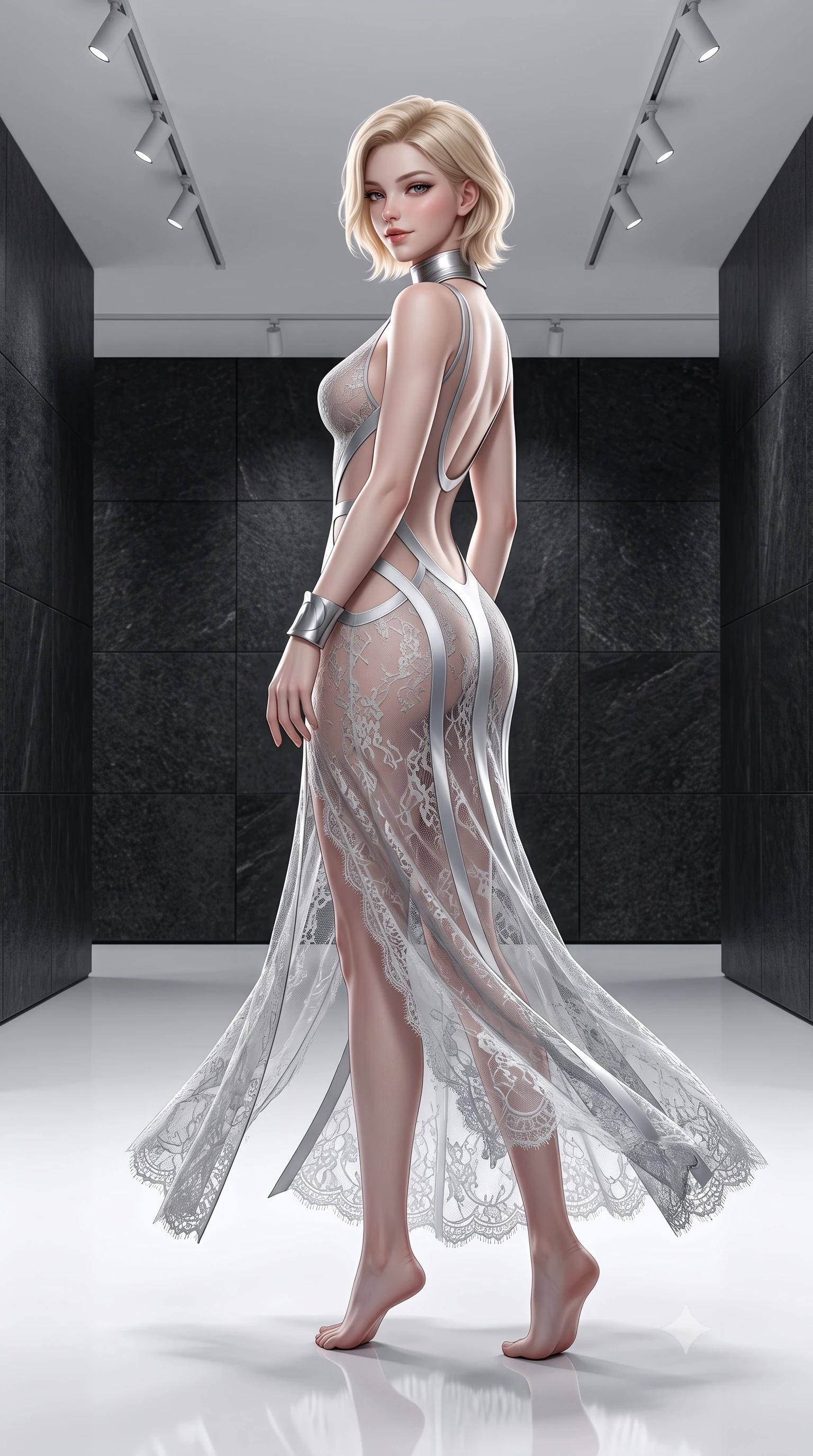 score_9, masterpiece, best quality, ultra-detailed, high-budget anime keyframe, semi-realistic 3D game render, editorial fashion photography, tasteful artistic composition, Caucasian woman. low angle full-body shot from head to toe showing her feet, filling the entire 9:16 vertical frame with her statuesque presence, stretching her vertical silhouette. executing a slow, graceful pivot turn as her skirt sways around her slender legs, glancing back with an enchanting, teasing sensual expression while twisting her slender torso in an alluring contrapposto stance, stark museum track lights tracing her narrow waist, midriff, and hips. The surrounding environment is rendered in vivid detail and crisp panoramic clarity: sharp honed black granite stone texture, white epoxy floor reflection clarity, and ceiling track light fixtures in deep focus. She has an absolutely perfect, statuesque 8.5-heads proportion, an exceptionally tall and slender model-like female figure with impossibly long slender legs, an ultra-slim waist, a flat toned midriff, narrow delicate ribcage, and beautifully sculpted feminine hips creating a graceful, slim hourglass silhouette without any bulky heaviness. sharp v-shaped jawline, high-bridge nose, sparkling eyes with hypnotic seductive depth, thick curled eyelashes, glossy parted lips with a natural dewy peach sheen, alluring bedroom-eyes with an enchanting coquettish smile, exuding magnetic siren charisma and sophisticated glamour, flawlessly proportioned anatomical accuracy, strict slender model proportions, natural body alignment, perfectly sculpted long slender limbs, ultra-slim waistline, clean dynamic posture without body distortion. wearing a provocative sheer illusion mesh vampire gown with liquid satin ribbons contouring her hourglass curves in architectural titanium grey and pure milk white, made of delicate semi-sheer French Chantilly lace with intricate eyelash edges, finished with a sculptural silver torque collar and a matching wide architectural wrist cuff, the precision-cut side openings and low-back scoop framing her graceful spine and the sensual sweep of her slim, toned hips. illuminated by floor bounce fill and sharp high-contrast white rim lights sculpting her jawline, flat midriff, and voluptuous hip curves. highly saturated vibrant anime colors, detailed shading with soft gradients, rich glossy textures, high-contrast stereoscopic depth, volumetric dynamic lighting, master piece, 9:16 ratio