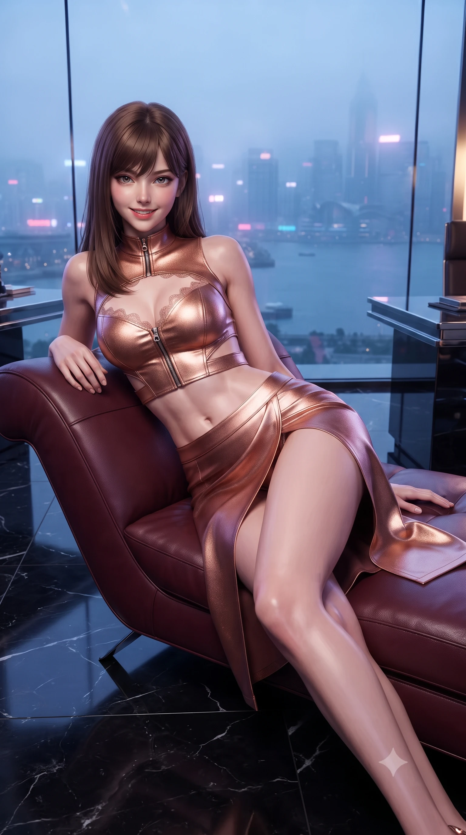score_9, masterpiece, best quality, ultra-detailed, high-budget anime keyframe, editorial fashion photography, tasteful artistic composition, Korean woman. close-up cowboy shot from the waist and thighs up, the character dominates the composition, filling the frame with her large presence. leaning forward while arching her lower back to accentuate her curvy hips, looking into the camera with an intoxicating smoldering gaze and bedroom-eyes while lounging gracefully across the custom leather chaise propped on one elbow with legs extended, displaying her long slender limbs and statuesque hourglass silhouette against the misty neon harbor. The surrounding environment is rendered in vivid detail and crisp panoramic clarity: sharp black Marquina marble floor reflections, polished chrome desk edges, and intricate harbor skyline architecture through glass in deep focus. She has an exceptionally elegant, slender, and willowy female figure with an ultra-slim waist, flat toned midriff, narrow ribcage, and sculpted feminine hips creating an alluring, slim hourglass silhouette without bulk. sharp v-shaped jawline, high-bridge nose, intricate jewel-like sparkling eyes with depth, thick eyelashes, glossy parted lips with a natural peach sheen, bright cheerful beaming smile with an enchanting and coquettish sensual glint, exuding both youthful cute charm and seductive allure, flawlessly proportioned anatomical accuracy, strict slender model proportions, natural body alignment, perfectly sculpted long slender limbs, ultra-slim waistline, clean dynamic posture without body distortion. wearing an alluring tactical crop top with asymmetrical side-rib cutouts and high-neck collar paired with a high-slit wrap skirt in high-gloss rose-gold and burnished copper, crafted from bespoke double-faced cashmere with an exceptionally soft tactile finish, finished with scalloped eyelash lace trim framing her sweetheart neckline with intimate elegance, the bespoke structured tailoring following the natural line of her 8.5-heads silhouette with refined elegance. illuminated by black marble floor bounce and sharp champagne-gold rim lights defining her razor-sharp jawline, narrow waist, and curvy hips. ultra-reflective glossy finish, specular highlights, rich textural contrasts, high-contrast stereoscopic depth, volumetric dynamic lighting, 2k, ultra detail, master piece, 9:16 ratio