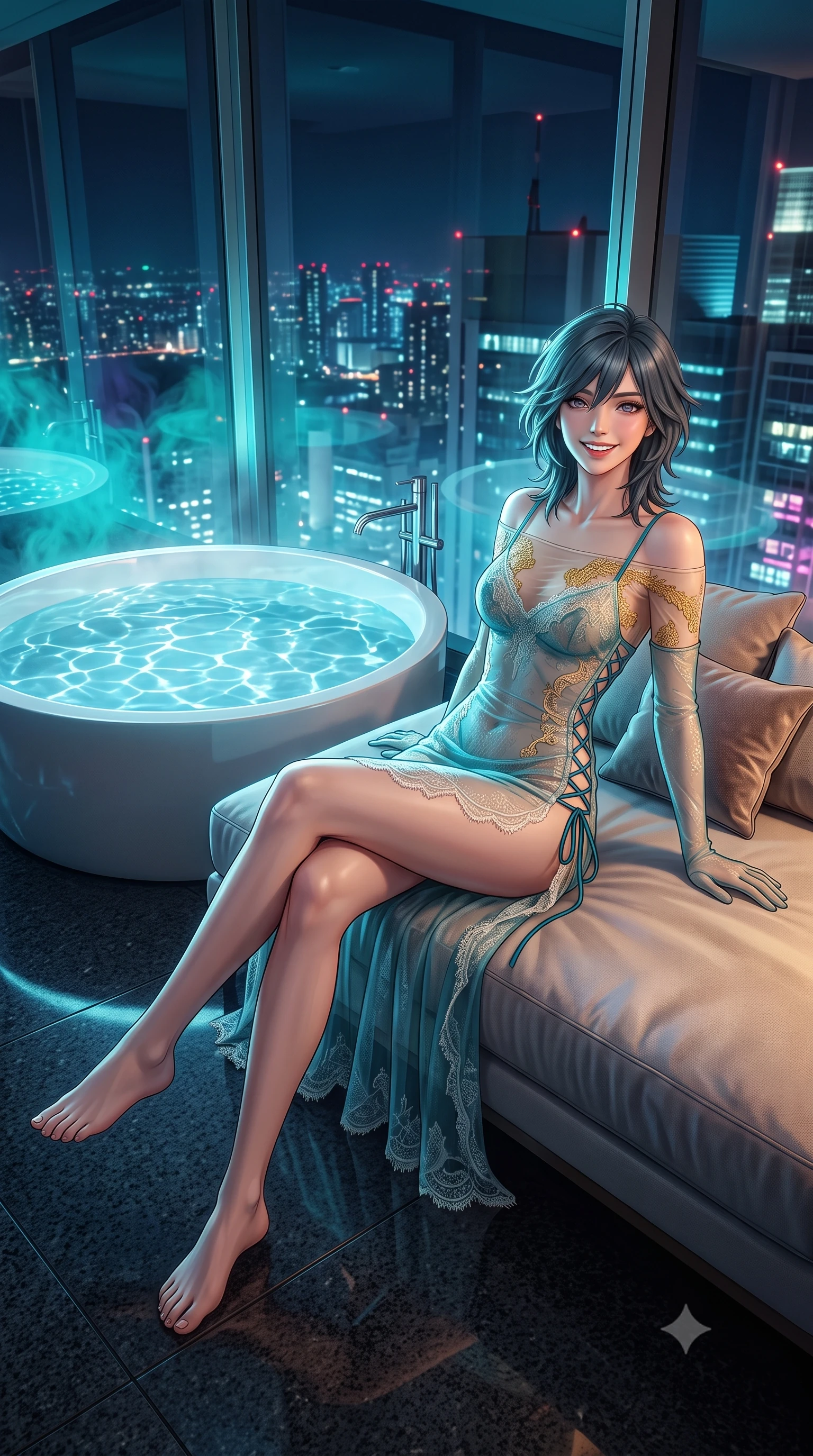 score_9, masterpiece, best quality, ultra-detailed, high-budget anime keyframe, semi-realistic 3D game render, editorial fashion photography, tasteful artistic composition, Caucasian woman. low angle full-body shot from head to toe showing her feet, filling the entire 9:16 vertical frame with her statuesque presence, stretching her vertical silhouette. lounging on the lavish daybed with legs crossed and hips angled toward the camera, displaying her toned midriff and long slender limbs with effortless siren poise while standing poised on the heated dark granite floor beside the freestanding circular soaking tub 90 floors above the city, arching her lower back with breathtaking siren poise as neon mist swirls below. The surrounding environment is rendered in vivid detail and crisp panoramic clarity: detailed off-the-shoulder sheer illusion mesh evening bodysuit, gold dragon-scale embroidery, and high-tech architecture in razor-sharp precision. She has an exceptionally tall and slender model-like 8.5-heads proportion, an ultra-slim waist, a flat toned midriff, narrow delicate ribcage, and beautifully sculpted feminine hips creating a graceful, slim hourglass silhouette without any bulky heaviness, with impossibly long slender legs. sharp v-shaped jawline, high-bridge nose, intricate jewel-like sparkling eyes with depth, thick eyelashes, glossy parted lips with a natural peach sheen, bright cheerful beaming smile with an enchanting and coquettish sensual glint, exuding both youthful cute charm and seductive allure, flawlessly proportioned anatomical accuracy, strict slender model proportions, natural body alignment, perfectly sculpted long slender limbs, ultra-slim waistline, clean dynamic posture without body distortion. wearing an alluring sheer gossamer slip dress with side lace-up corset ties revealing glimpses of her hip curve in Mediterranean bioluminescent teal and radiant pearl, made of delicate semi-sheer French Chantilly lace with intricate eyelash edges, complemented by sheer opera-length evening gloves tracing her slender arms, the liquid-tight tailored fabric clinging flawlessly to her narrow waist and rounded feminine hips, emphasizing every millimeter of her sculpted slim hourglass curves without any bulky heaviness. illuminated by tub water caustics bounce and sharp platinum-cyan rim lights sculpting her jawline, narrow waist, and curvy hips. highly saturated vibrant anime colors, detailed shading with soft gradients, rich glossy textures, high-contrast stereoscopic depth, volumetric dynamic lighting, master piece, 9:16 ratio