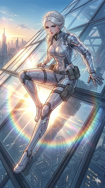 score_9, masterpiece, best quality, ultra-detailed, high-budget anime movie keyframe, cinematic anime lighting, intricate line art, Caucasian (strictly human ears) anime girl. Low angle cowboy shot capturing a powerful motion and statuesque presence.