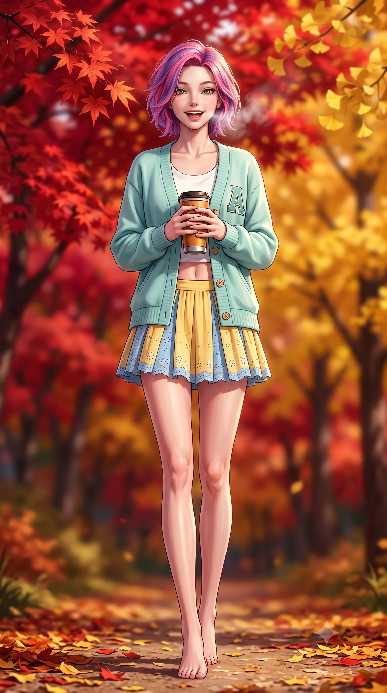 score_9, masterpiece, best quality, ultra-detailed, high-budget anime keyframe, semi-realistic 3D game render, editorial fashion photography, tasteful artistic composition, Caucasian woman. low angle full-body shot from head to toe showing her feet, filling the entire 9:16 vertical frame with her statuesque presence, stretching her vertical silhouette. stepping forward gracefully in mid-motion with a delighted cute laugh, displaying her tall slender model proportions while holding a warm insulated tumbler with both hands, soft breath misting lightly in the crisp mountain air with a sweet smile. The composition keeps background elements in soft focus with creamy bokeh. blazing scarlet maple canopies and golden ginkgo trees blurred into rich ruby, amber, and burnt orange bokeh. She has an absolutely perfect, statuesque 8.5-heads proportion, an exceptionally tall and slender model-like female figure with impossibly long slender legs, a toned flat midriff, and an ultra-slim waist. sharp v-shaped jawline, high-bridge nose, intricate jewel-like eyes with depth, thick eyelashes, glossy lips with a natural sheen, pure and lovely fresh girlhood expression, flawlessly proportioned anatomical accuracy, strict slender model proportions, natural body alignment, perfectly sculpted long slender limbs, ultra-slim waistline, clean dynamic posture without body distortion. wearing a chic pastel varsity cardigan over a simple white scoop-neck tee and a pleated mini skirt in sunny daffodil yellow and french blue, woven with delicate eyelet lace and breathable cotton voile, finished with neat natural wooden buttons and patch pocket details, the soft airy drape swaying gracefully with her dynamic movements, emphasizing her tall willowy build and slim waistline. surrounded by a warm, romantic, and deeply nostalgic autumn sweetheart aura. highly saturated vibrant anime colors, detailed shading with soft gradients, rich glossy textures, high-contrast stereoscopic depth, volumetric dynamic lighting, master piece, 9:16 ratio