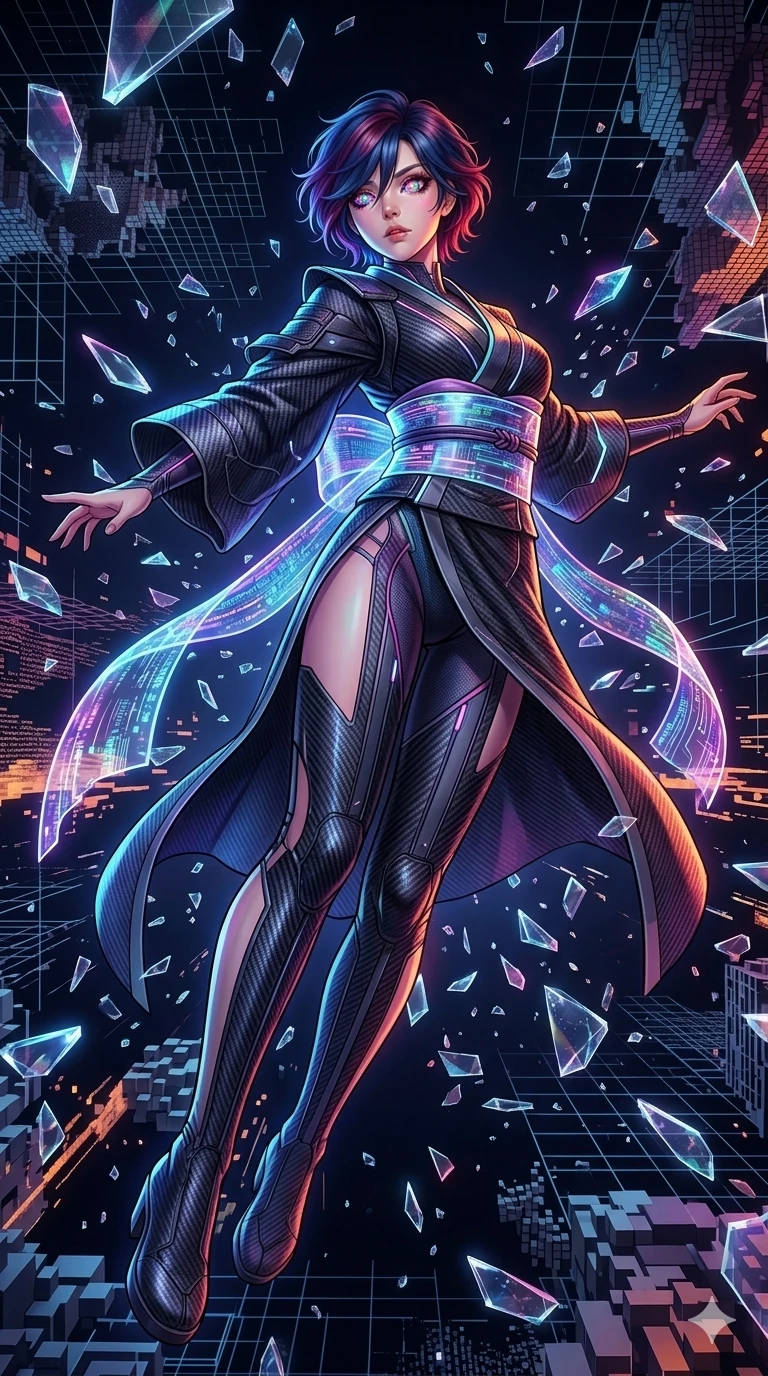 score_9, masterpiece, best quality, ultra-detailed, Set A: High-budget Anime Keyframe, Korean woman. Low angle cowboy shot filling the entire 9:16 frame with her statuesque presence. Sprinting through a clockwork desert, as the ground beneath her turns into 141 shards of light and surrounded by shattered glass fragments. She has an absolutely perfect 8-heads proportion, an exceptionally tall and slender female figure with impossibly long slender legs and an ultra-slim waist. Sharp v-shaped jawline, high-bridge nose, intricate jewel-like eyes with depth, thick eyelashes, glossy lips with a natural sheen. Wearing Minimalist tech-suit with negative-space cutouts and liquid metal textures. Cinematic lighting, vibrant colors, dramatic shadows, 2k, ultra detail, master piece, 9:16 ratio
