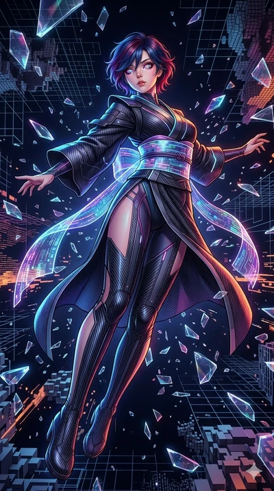score_9, masterpiece, best quality, ultra-detailed, Set A: High-budget Anime Keyframe, Korean woman. Low angle cowboy shot filling the entire 9:16 frame with her statuesque presence. Sprinting through a clockwork desert, as the ground beneath her tur