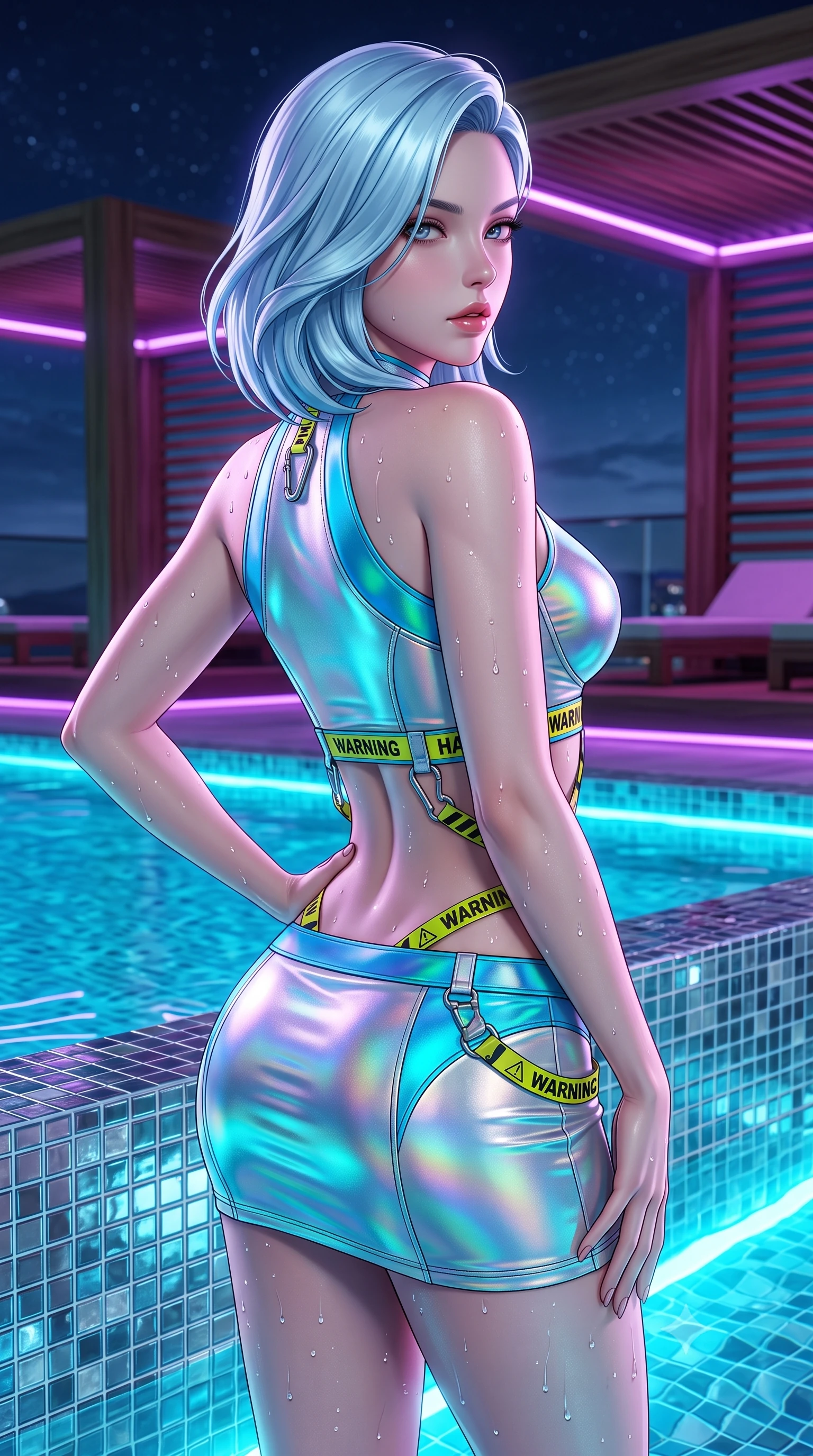 score_9, masterpiece, best quality, ultra-detailed, high-budget anime keyframe, semi-realistic 3D game render, editorial fashion photography, tasteful artistic composition, Korean woman. close-up cowboy shot from the waist and thighs up, the character dominates the composition, filling the frame with her large presence. posing in an alluring rear three-quarter angle, arching her lower back in a pronounced S-curve with one hand on her hip, glancing seductively over her bare shoulder with parted glossy lips while standing at the infinity pool edge with her back to the camera, twisting her torso to cast a smoldering, dangerous look over her shoulder. The surrounding environment is rendered in vivid detail and crisp panoramic clarity. sharp glass mosaic pool tiles, distinct water droplet beads on skin, and cabana teak wood in deep focus. She has an exceptionally elegant, slender, and willowy female figure with an ultra-slim waist, a gracefully sculpted slender torso, toned flat midriff, and rounded feminine hips creating an alluring hourglass silhouette. sharp v-shaped jawline, high-bridge nose, intricate jewel-like eyes with depth, thick eyelashes, glossy parted lips with a natural sheen, intensely captivating and seductive bedroom-eyes expression, flawlessly proportioned anatomical accuracy, strict slender model proportions, natural body alignment, perfectly sculpted long slender limbs, ultra-slim waistline, clean dynamic posture without body distortion. wearing a low-rise holographic micro-skirt paired with an aerodynamic crop halter top in holographic silver and electric cyan, made of seamless compression knit with anatomical curves sculpting, finished with high-visibility hazard warning tape details and carabiner clips, the second-skin form-contouring cut accentuating her sculpted flat midriff, narrow waistline, and dramatically curvy hips without adding bulk. bathed in glowing underwater cyan LED illumination and ambient violet neon cabana downlights. highly saturated vibrant anime colors, detailed shading with soft gradients, rich glossy textures, high-contrast stereoscopic depth, volumetric dynamic lighting, master piece, 9:16 ratio