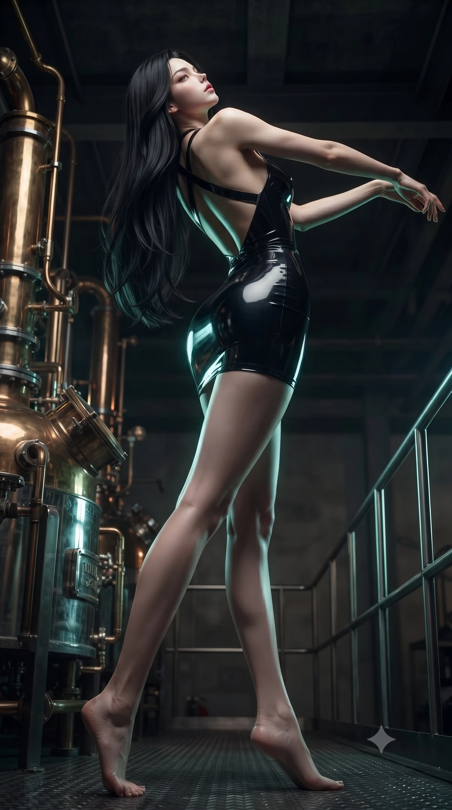 score_9, masterpiece, best quality, ultra-detailed, high-budget anime keyframe, editorial fashion photography, tasteful artistic composition, Korean woman. low angle full-body shot from head to toe showing her feet, filling the entire 9:16 vertical frame with her statuesque presence, stretching her vertical silhouette. arching her spine in a fluid zero-gravity turn with sovereign grace, her long slender legs and sculpted torso creating a sweeping line with provocative poise while pivoting dynamically between brass distillation pipes and humming machinery as emerald light traces her body contours. The composition keeps background elements in soft focus with creamy bokeh. industrial metal catwalks and shadow-cloaked ceilings softened in shallow atmospheric depth. She has an absolutely perfect, statuesque 8.5-heads proportion, an exceptionally tall and slender model-like female figure with impossibly long slender legs, a toned flat midriff, and an ultra-slim waist. sharp v-shaped jawline, high-bridge nose, intricate jewel-like eyes with depth, thick eyelashes, glossy lips with a natural sheen, flawlessly proportioned anatomical accuracy, strict slender model proportions, natural body alignment, perfectly sculpted long slender limbs, ultra-slim waistline, clean dynamic posture without body distortion. wearing a second-skin midnight black latex mini dress with a dramatic open-back design wrapping around her waist and a plunging neckline in dark obsidian black with polished gunmetal accents, crafted from ultra-reflective second-skin latex with a high-gloss glass-like polish, complemented by criss-cross back straps highlighting her completely bare spine, the liquid-tight tailored fabric emphasizing every curve of her tall, slender model proportions and sculptured silhouette during dynamic movement. bathed in eerie emerald bioluminescent backlighting and warm amber lamp fill light. ultra-reflective glossy finish, specular highlights, dark metallic sheen, deep chiaroscuro contrast, volumetric dynamic shadow lighting, 2k, ultra detail, master piece, 9:16 ratio