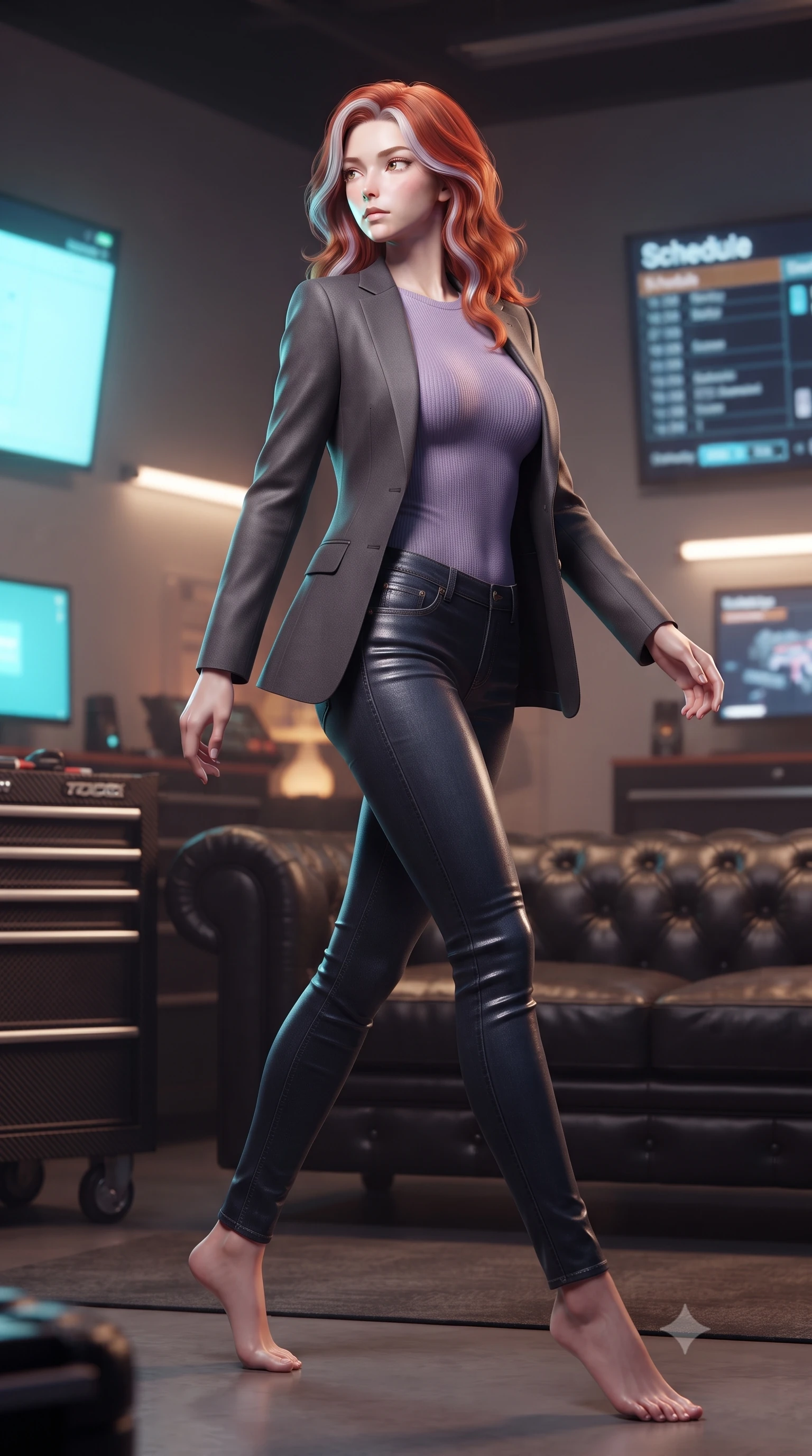 score_9, masterpiece, best quality, ultra-detailed, high-budget anime keyframe, editorial fashion photography, tasteful artistic composition, Caucasian woman. low angle full-body shot from head to toe showing her feet, filling the entire 9:16 vertical frame with her statuesque presence, stretching her vertical silhouette. stepping gracefully while looking back over her shoulder, her dress draped tightly to reveal her silhouette the background shows a soft-focus a cyber-garage lounge with leather sofas, carbon tools, and glowing schedules. She has an absolutely perfect, statuesque 8.5-heads proportion, an exceptionally tall and slender model-like female figure with impossibly long slender legs and an ultra-slim waist. sharp v-shaped jawline, high-bridge nose, intricate jewel-like eyes with depth, thick eyelashes, glossy lips with a natural sheen. wearing a body-hugging tight-fitting lavender knit bodysuit worn under a tailored open blazer and jeans. soft cyan glow radiating from the screens onto her sharp jawline. ultra-reflective glossy finish, specular highlights, metallic sheen, high-contrast stereoscopic depth, volumetric dynamic lighting, 2k, ultra detail, master piece, 9:16 ratio