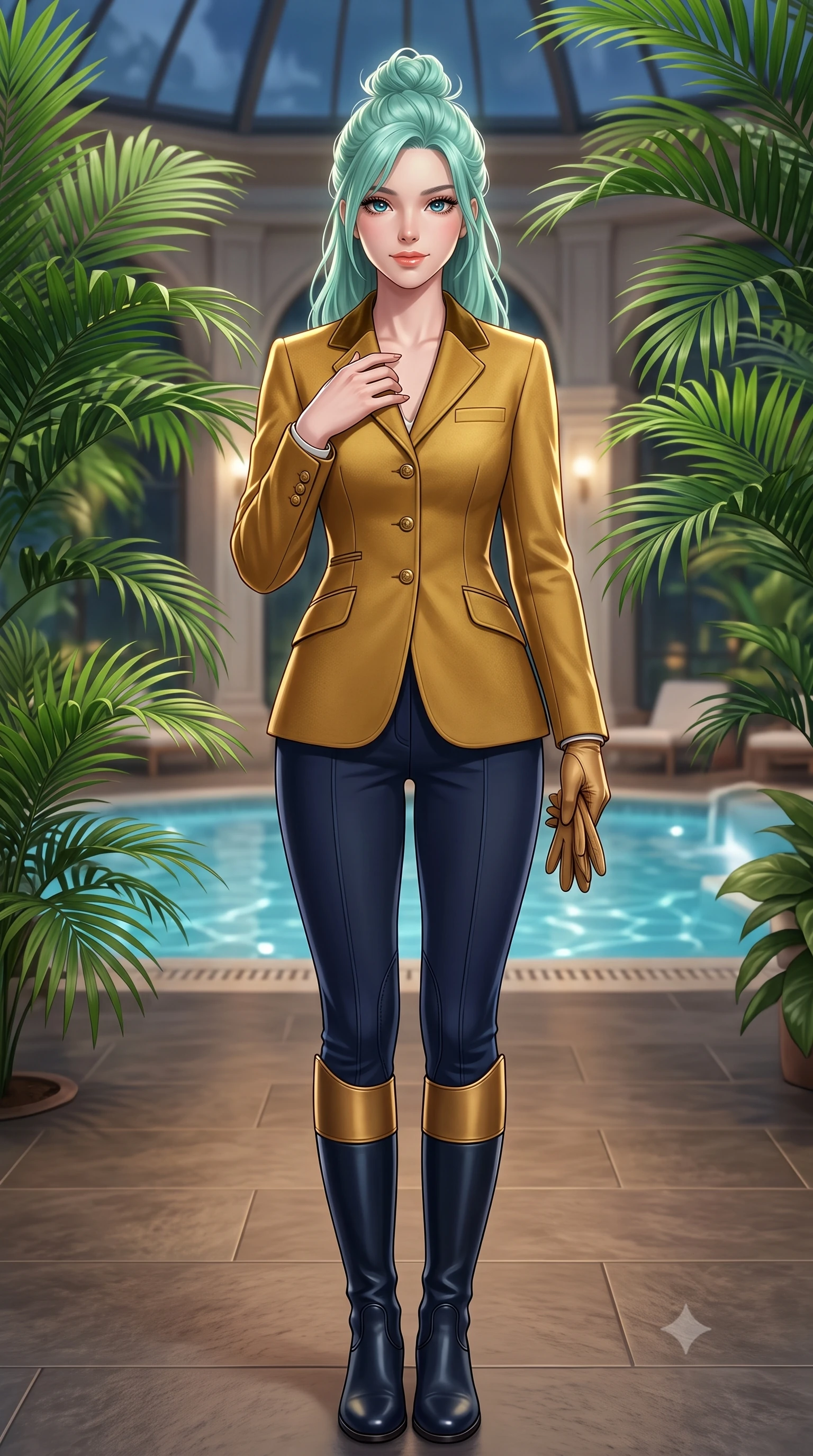 score_9, masterpiece, best quality, ultra-detailed, high-budget anime keyframe, semi-realistic 3D game render, editorial fashion photography, tasteful artistic composition, Japanese woman. close-up cowboy shot from the waist and thighs up, the character dominates the composition, filling the frame with her large presence. resting one hand gracefully on her tailored blazer lapel while looking into the camera with bright, sparkling eyes while standing poised on the warm slate floor of the indoor winter garden pavilion surrounded by lush tropical palms, smiling with serene relaxation. The surrounding environment is rendered in vivid detail and crisp panoramic clarity: detailed belted cashmere robe coat tailoring, silk piping borders, and master Swiss spa architecture in razor-sharp precision. She has an exceptionally elegant, slender, and willowy female figure with an ultra-slim waist, flat toned midriff, narrow ribcage, and sculpted feminine hips creating an alluring, slim hourglass silhouette without bulk. sharp v-shaped jawline, high-bridge nose, intricate jewel-like sparkling eyes with depth, thick eyelashes, glossy parted lips with a natural peach sheen, bright cheerful beaming smile with an enchanting and coquettish sensual glint, exuding both youthful cute charm and seductive allure, flawlessly proportioned anatomical accuracy, strict slender model proportions, natural body alignment, perfectly sculpted long slender limbs, ultra-slim waistline, clean dynamic posture without body distortion. wearing a tailored velvet collar wool equestrian blazer paired with slim-cut riding trousers and knee-high leather boots in Ginza vintage brass gold and midnight navy, tailored from fine wool gabardine with crisp permanent pleats and sharp drape, complemented by buttery leather gloves held delicately in one manicured hand, the sharp shoulder tailoring and gently nipped waist framing her slender torso with pristine sartorial perfection. illuminated by thermal pool surface caustics and soft pearlescent rim lights accentuating her sharp jawline and slender hourglass silhouette. highly saturated vibrant anime colors, detailed shading with soft gradients, rich glossy textures, high-contrast stereoscopic depth, volumetric dynamic lighting, master piece, 9:16 ratio