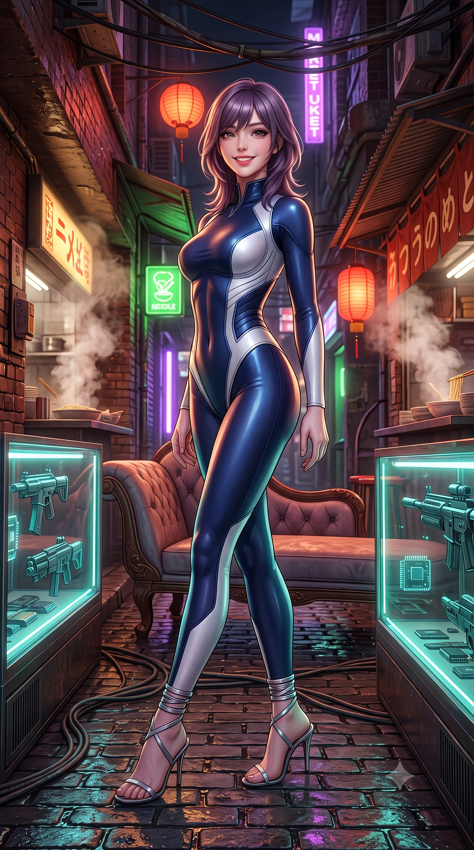score_9, masterpiece, best quality, ultra-detailed, high-budget anime keyframe, semi-realistic 3D game render, editorial fashion photography, tasteful artistic composition, Japanese woman. low angle full-body shot from head to toe showing her feet, filling the entire 9:16 vertical frame with her statuesque presence, stretching her vertical silhouette. reclining gracefully across the plush chaise lounge with one leg extended, her sculpted silhouette and flat midriff radiating magnetic nocturnal glamour while standing poised on the wet cobblestones between glowing holographic weapon display cases, arching her spine with seductive combat poise as aromatic noodle steam rises. The surrounding environment is rendered in vivid detail and crisp panoramic clarity: sharp wet brick textures, glass display case reflections with micro-chip components, and weathered cyberpunk cables in deep focus. She has an exceptionally tall and slender model-like 8.5-heads proportion, an ultra-slim waist, a flat toned midriff, narrow delicate ribcage, and beautifully sculpted feminine hips creating a graceful, slim hourglass silhouette without any bulky heaviness, with impossibly long slender legs. sharp v-shaped jawline, high-bridge nose, intricate jewel-like sparkling eyes with depth, thick eyelashes, glossy parted lips with a natural peach sheen, bright cheerful beaming smile with an enchanting and coquettish sensual glint, exuding both youthful cute charm and seductive allure, flawlessly proportioned anatomical accuracy, strict slender model proportions, natural body alignment, perfectly sculpted long slender limbs, ultra-slim waistline, clean dynamic posture without body distortion. wearing an ultra-sleek second-skin tactical combat bodysuit made of liquid-gloss neoprene with reinforced ribcage contouring seams hugging her hourglass figure in pristine orbital navy white and silver starlight, tailored from high-density tech-wool with subtle metallic thread weave, complemented by strappy stiletto sandals with metallic ankle wraps accentuating her slender calves, the impeccably tailored cut draping gracefully along her slender figure with aristocratic poise. bathed in warm 2200K crimson lantern light combined with vibrant green and ultraviolet market stall tube lights. highly saturated vibrant anime colors, detailed shading with soft gradients, rich glossy textures, high-contrast stereoscopic depth, volumetric dynamic lighting, master piece, 9:16 ratio