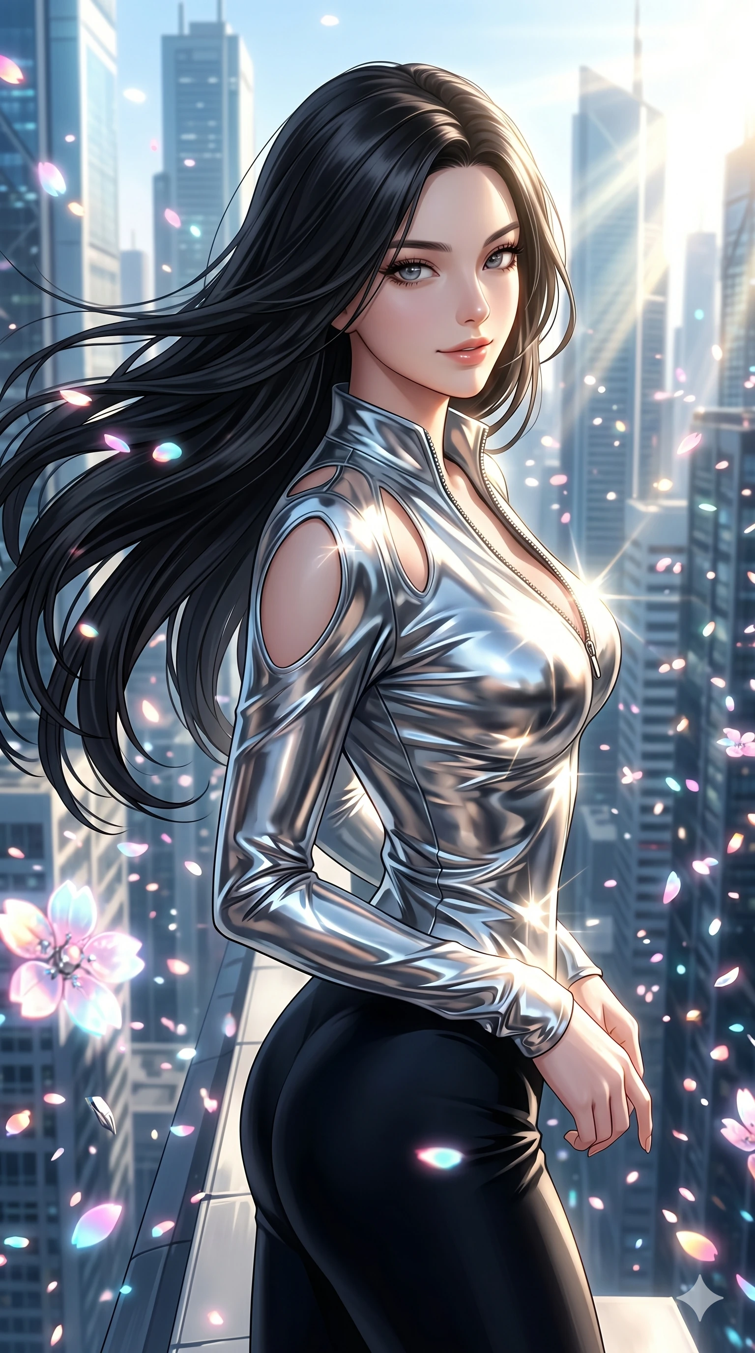 score_9, masterpiece, best quality, ultra-detailed, high-budget anime keyframe, editorial fashion photography, tasteful artistic composition, Korean woman. Upper body close-up from the thighs up, character filling the screen for maximum presence. She is standing on the edge of a skyscraper, her hair and clothes whipping in the wind as cybernetic sakura petals blizzard around. She twists her upper body dramatically with a confident half-smile. She has an absolutely perfect 8-heads proportion, an exceptionally tall and slender female figure with impossibly long slender legs and an ultra-slim waist. V-shaped jawline, high-bridge nose, intricate jewel-like eyes with depth, thick eyelashes, glossy lips with a natural sheen. She is wearing a form-fitting top made of molten liquid-mercury fabric that clings to her curves, with strategic tear-drop shoulder cutouts and a dangerously unzipped front collar. The scene is bathed in brilliant morning sunlight and sharp sun rays reflecting off distant glass skyscrapers. 2k, ultra detail, master piece, 9:16 ratio
