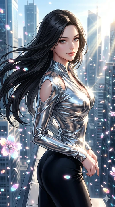 score_9, masterpiece, best quality, ultra-detailed, high-budget anime keyframe, editorial fashion photography, tasteful artistic composition, Korean woman. Upper body close-up from the thighs up, character filling the screen for maximum presence. She