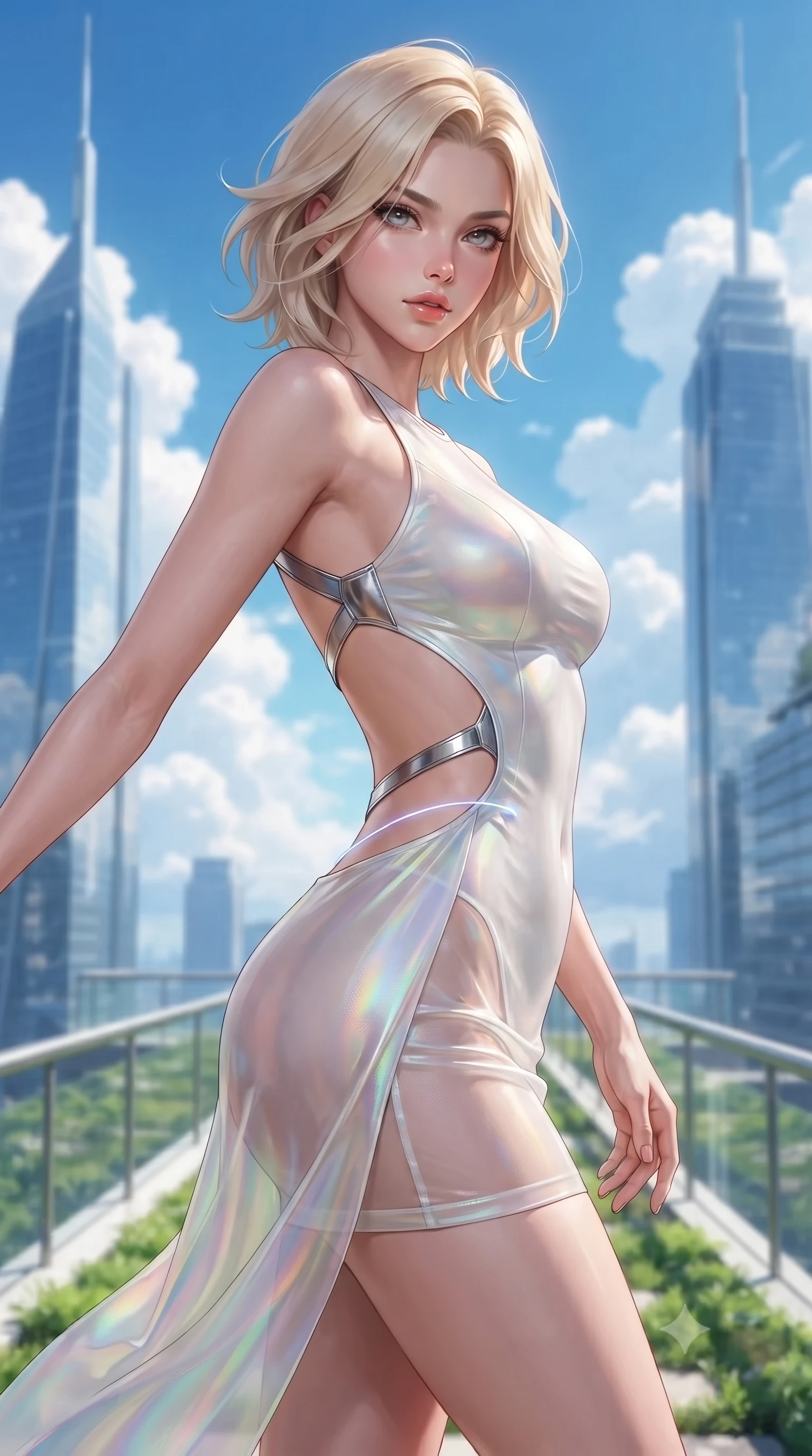 score_9, masterpiece, best quality, ultra-detailed, high-budget anime keyframe, editorial fashion photography, tasteful artistic composition, Caucasian woman. close-up cowboy shot from the waist and thighs up, the character dominates the composition, filling the frame with her large presence. twisting her upper body in a dynamic S-curve with an alluring smolder, one hand trailing along her slender waist while stepping along a verdant sky-garden walkway suspended between twin gleaming architectural towers. The composition keeps background elements in soft focus with creamy bokeh. towering glass skyscraper spires and white fluffy cumulus clouds blurred into vivid sky-blue bokeh. She has an exceptionally elegant, slender, and willowy female figure with an ultra-slim waist, a gracefully sculpted slender torso, toned flat midriff, and a refined slim silhouette. sharp v-shaped jawline, high-bridge nose, intricate jewel-like eyes with depth, thick eyelashes, glossy lips with a natural sheen, flawlessly proportioned anatomical accuracy, strict slender model proportions, natural body alignment, perfectly sculpted long slender limbs, ultra-slim waistline, clean dynamic posture without body distortion. wearing a second-skin fashion-latex mini dress with a clean architectural front, featuring an open-back design that wraps around the sides of her waist, showcasing her slender silhouette in glistening liquid pearl white with rainbow opalescence, made of smooth iridescent silk chiffon that shifts colors with movement, reinforced by a sleek metallic chrome harness and delicate glowing micro-straps, the sleek second-skin cut tightly hugging her graceful clavicle, narrow waist, and feminine curves with athletic precision. surrounded by an exhilarating, elevated, and radiantly sensual rooftop garden aura. ultra-reflective glossy finish, specular highlights, metallic sheen, high-contrast stereoscopic depth, volumetric dynamic lighting, 2k, ultra detail, master piece, 9:16 ratio