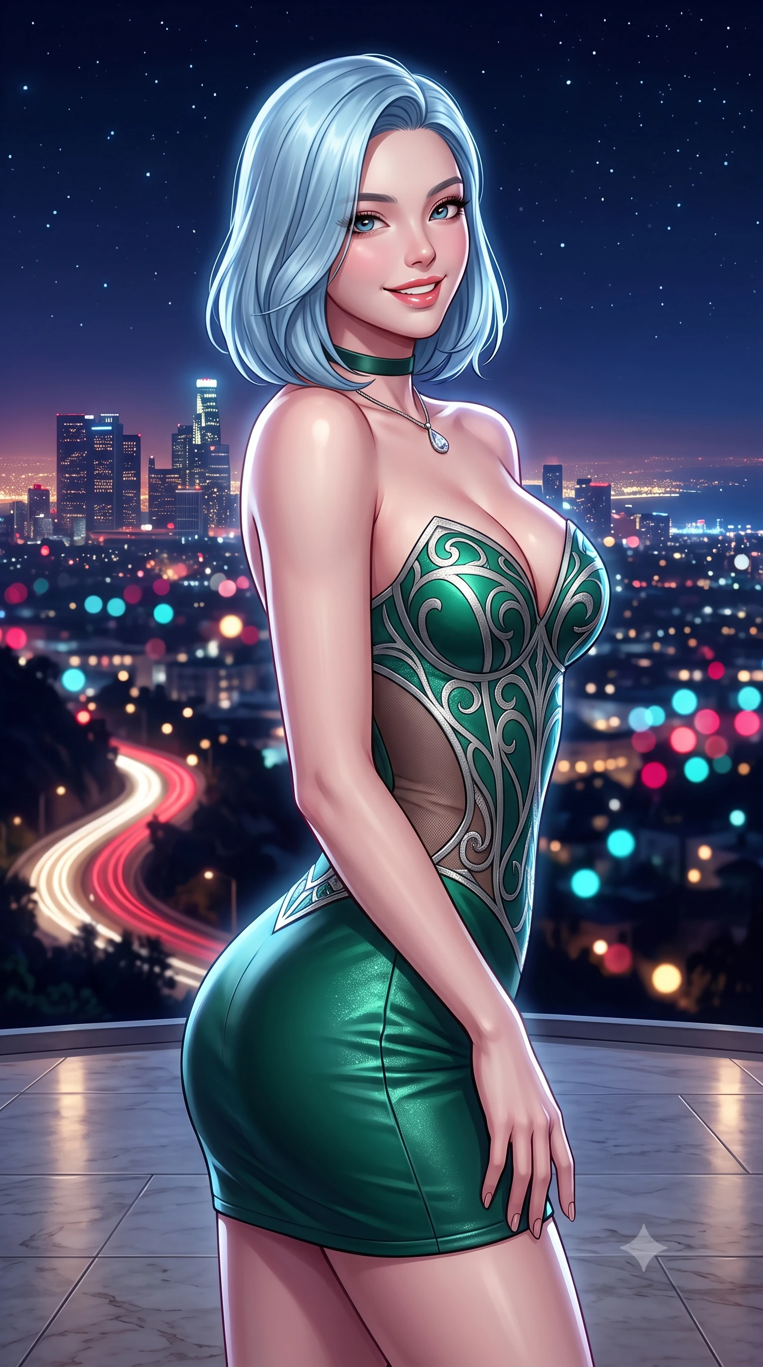score_9, masterpiece, best quality, ultra-detailed, high-budget anime keyframe, semi-realistic 3D game render, editorial fashion photography, tasteful artistic composition, Korean woman. close-up cowboy shot from the waist and thighs up, the character dominates the composition, filling the frame with her large presence. posing in an alluring rear three-quarter angle, looking over a bare shoulder with parted glossy lips, her hips cocked back to highlight her slim hourglass curve while twisting her slender torso in an alluring S-curve on the polished limestone deck, city glow casting prismatic highlights across her flat midriff. The background shows a soft-focus sweeping panorama of Los Angeles from Downtown skyscrapers to the Pacific coast, winding canyon highway headlights, and starry sky blurred into ruby, cyan, and gold bokeh. She has an exceptionally elegant, slender, and willowy female figure with an ultra-slim waist, flat toned midriff, narrow ribcage, and sculpted feminine hips creating an alluring, slim hourglass silhouette without bulk. sharp v-shaped jawline, high-bridge nose, intricate jewel-like sparkling eyes with depth, thick eyelashes, glossy parted lips with a natural peach sheen, bright cheerful beaming smile with an enchanting and coquettish sensual glint, exuding both youthful cute charm and seductive allure, flawlessly proportioned anatomical accuracy, strict slender model proportions, natural body alignment, perfectly sculpted long slender limbs, ultra-slim waistline, clean dynamic posture without body distortion. wearing an alluring plunging sweetheart bustier dress with sheer mesh side-waist cutouts contouring her ribs in Art Nouveau malachite green and antique starlight silver, woven from buttery-soft stretch lambskin leather adhering to her body like a second skin, finished with a thin velvet ribbon choker and a single teardrop diamond pendant, the second-skin tailored fabric adhering flawlessly to her sculpted flat midriff and slender torso, emphasizing her long leg lines and perfectly proportioned willowy build. illuminated by city glow upward fill and sharp platinum rim lights sculpting her features, flat midriff, and curvaceous hips. highly saturated vibrant anime colors, detailed shading with soft gradients, rich glossy textures, high-contrast stereoscopic depth, volumetric dynamic lighting, master piece, 9:16 ratio