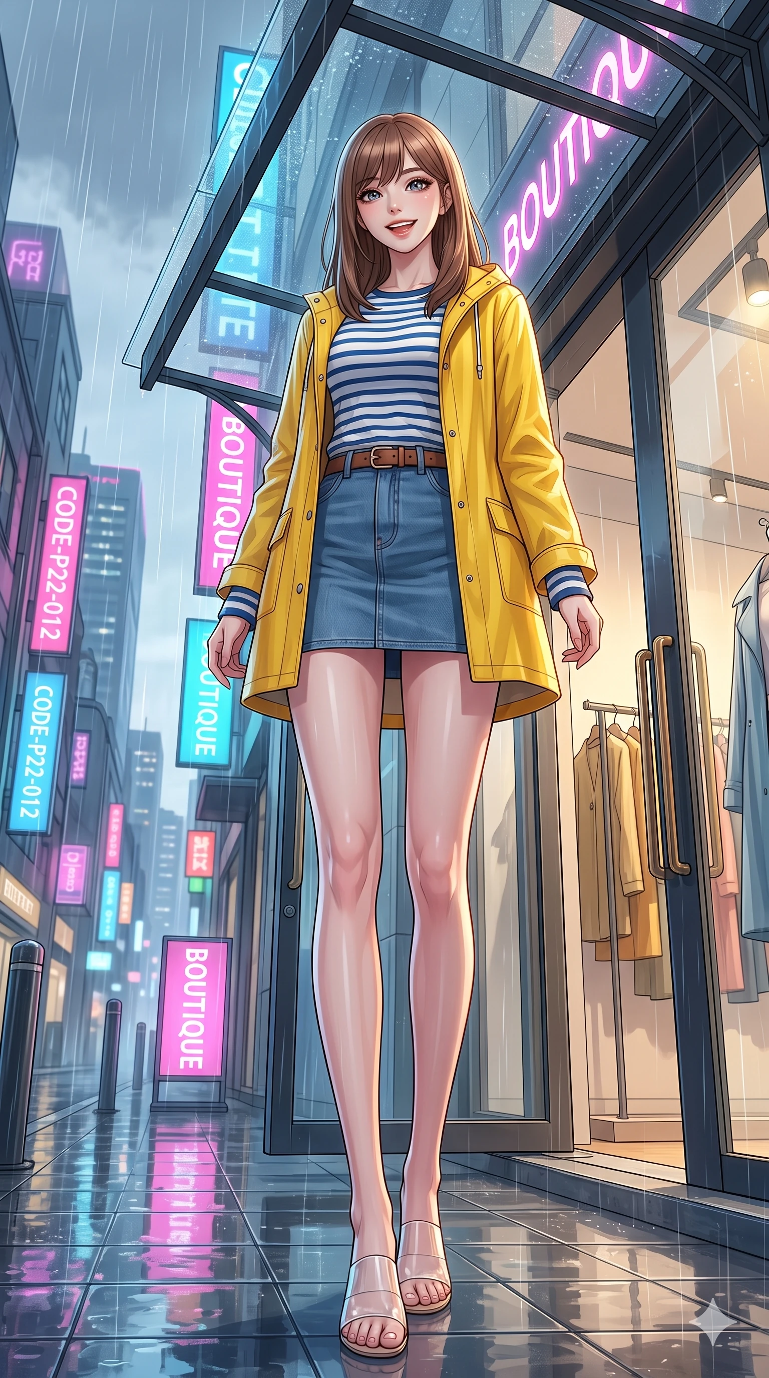 score_9, masterpiece, best quality, ultra-detailed, high-budget anime keyframe, vibrant anime aesthetic, Korean woman. low angle full-body shot from head to toe showing her feet, filling the entire 9:16 vertical frame with her statuesque presence, stretching her vertical silhouette. She is posing with a bright, energetic grin, her eyes glowing with energy, with her eyes bright and full of life with a gentle tilt of her head. by the entrance of a high-fashion boutique with a glass awning, overlooking rain-slicked city streets reflecting neon signs (Code-P22-012). She has an absolutely perfect 8-heads proportion, an exceptionally tall and slender female figure with impossibly long slender legs and an ultra-slim waist. V-shaped jawline, high-bridge nose, intricate jewel-like eyes with depth, thick eyelashes, glossy lips with a natural sheen. wearing a bright yellow raincoat over a striped long-sleeve shirt and denim skirt with an elegant leather belt. She is drenched in soft, diffused light of a rainy afternoon, creating clean outlines, accentuating her slender silhouette in the rainy afternoon. 2k, ultra detail, master piece, 9:16 ratio