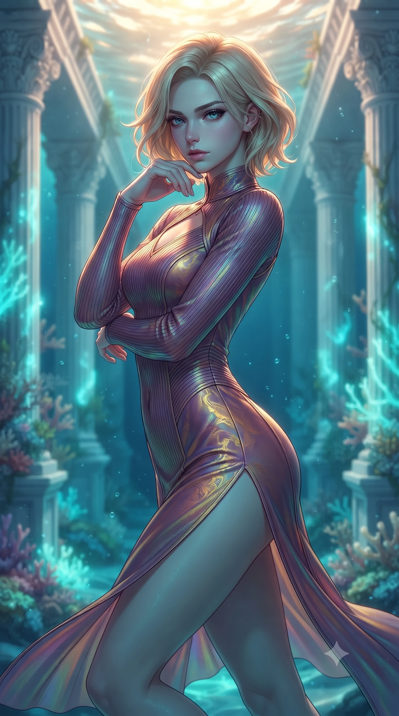 score_9, masterpiece, best quality, ultra-detailed, high-budget anime keyframe, editorial fashion photography, tasteful artistic composition, Caucasian woman. close-up cowboy shot from the waist and thighs up, the character dominates the composition, filling the frame with her large presence, background elements kept in soft focus. Resting her chin on the backs of her fingers, casting a sharp, mysterious gaze floating gracefully through a sunken white marble colonnade underwater, gentle ocean currents swaying her attire in fluid underwater motions. She has an exceptionally elegant, slender, and willowy female figure with an ultra-slim waist, a gracefully sculpted slender torso, and a refined silhouette. sharp v-shaped jawline, high-bridge nose, intricate jewel-like eyes with depth, thick eyelashes, glossy lips with a natural sheen. wearing a form-fitting ribbed activewear set with collar cutouts in plum purple and gold filigree, crafted from iridescent chiffon that shifts colors in the light, finished with a sleek side slit ascending to mid-thigh, the form-contouring material highlighting her ultra-slim waist and long lines. illuminated by luminous aqua bioluminescence and warm golden top lighting. highly saturated vibrant anime colors, detailed shading with soft gradients, rich glossy textures, high-contrast stereoscopic depth, volumetric dynamic lighting, master piece, 9:16 ratio
