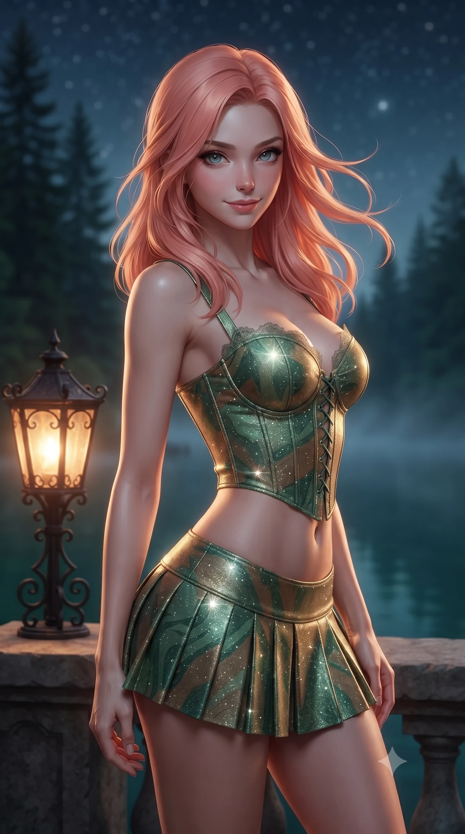 score_9, masterpiece, best quality, ultra-detailed, high-budget anime keyframe, editorial fashion photography, tasteful artistic composition, Japanese woman. close-up cowboy shot from the waist and thighs up, the character dominates the composition, filling the frame with her large presence. turning slowly with an enchanting smoldering smile, her glossy hair tossing in the breeze as her hips angle gracefully in a captivating contrapposto while twisting her slender torso in an alluring contrapposto stance beside the wrought-iron lantern sconce, warm amber light caressing her narrow waist and curvy hips. The background shows a soft-focus emerald waters of the Alpsee lake veiled in nocturnal mist, towering dark Bavarian fir and pine forests, and starry alpine sky blurred into jade, slate, and sapphire bokeh. She has an exceptionally elegant, slender, and willowy female figure with an ultra-slim waist, flat toned midriff, narrow ribcage, and sculpted feminine hips creating an alluring, slim hourglass silhouette without bulk. sharp v-shaped jawline, high-bridge nose, intricate jewel-like sparkling eyes with depth, thick eyelashes, glossy parted lips with a natural peach sheen, bright cheerful beaming smile with an enchanting and coquettish sensual glint, exuding both youthful cute charm and seductive allure, flawlessly proportioned anatomical accuracy, strict slender model proportions, natural body alignment, perfectly sculpted long slender limbs, ultra-slim waistline, clean dynamic posture without body distortion. wearing a structured Seville boned lace-up bustier top paired with an ultra-short low-rise pleated micro mini skirt in Japanese hinoki cedar honey and Kyoto matcha jade, woven from stretch metallic lurex jersey casting radiant starlight glints across her curves, finished with scalloped eyelash lace trim framing her sweetheart neckline with intimate elegance, the bespoke structured tailoring following the natural line of her 8.5-heads silhouette with refined elegance. illuminated by stone terrace bounce and sharp platinum-gold rim lights sculpting her jawline, narrow waist, and curvy hips. ultra-reflective glossy finish, specular highlights, rich textural contrasts, high-contrast stereoscopic depth, volumetric dynamic lighting, 2k, ultra detail, master piece, 9:16 ratio