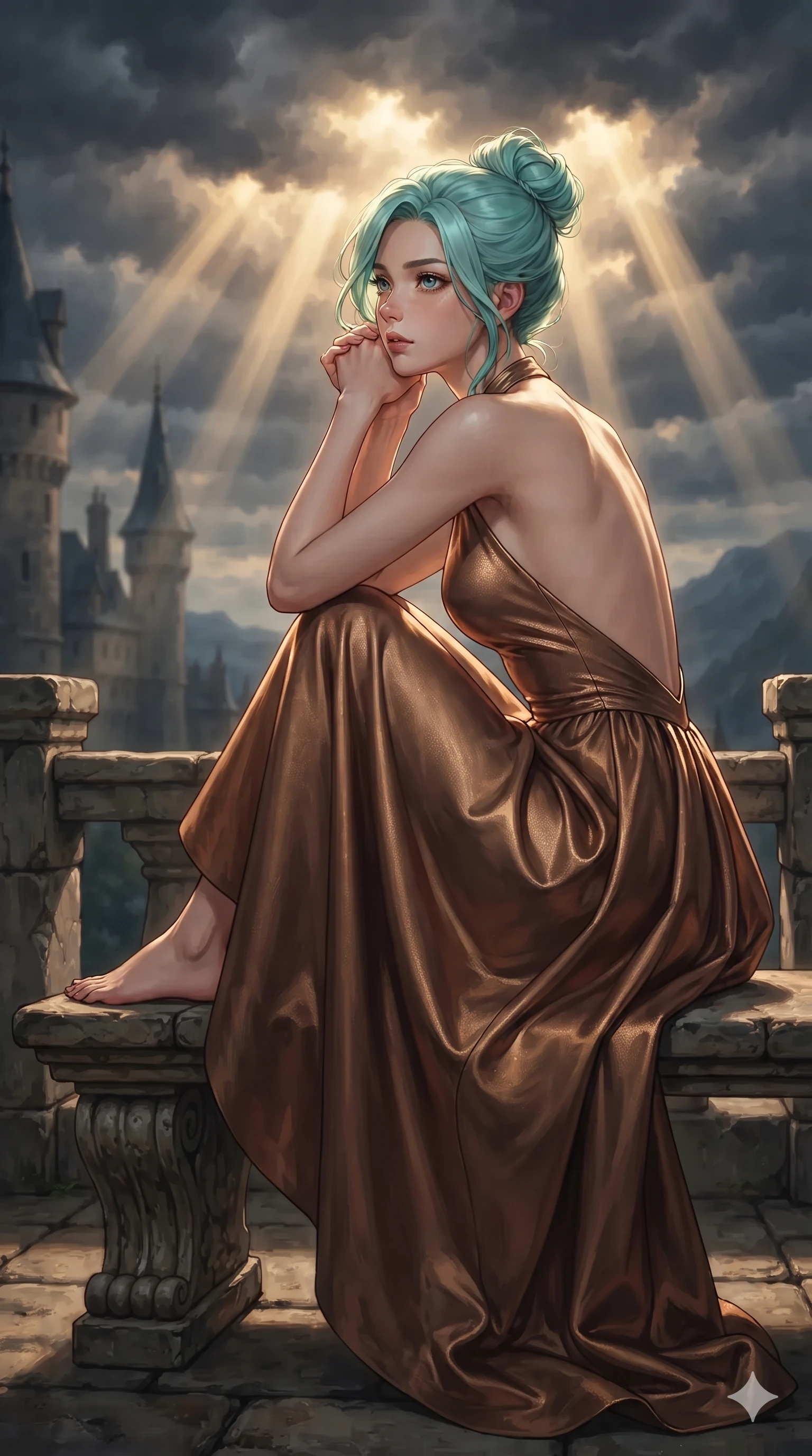 score_9, masterpiece, best quality, ultra-detailed, high-budget anime keyframe, editorial fashion photography, tasteful artistic composition, Japanese woman. close-up cowboy shot from the waist and thighs up, the character dominates the composition, filling the frame with her large presence. perched sideways on the lounge seat, one knee drawn up to showcase her slender leg line while her arched back accentuates her feminine hip curve while reclining against a tartan-draped stone bench on the castle parapet, her slender waist and feminine curves highlighted by dramatic highland light. The surrounding environment is rendered in vivid detail and crisp panoramic clarity: detailed bespoke double-faced cashmere tailoring, rich textural contrasts, and monumental fortress architecture in razor-sharp precision. She has an exceptionally elegant, slender, and willowy female figure with an ultra-slim waist, flat toned midriff, narrow ribcage, and sculpted feminine hips creating an alluring, slim hourglass silhouette without bulk. sharp v-shaped jawline, high-bridge nose, intricate jewel-like eyes with depth, thick eyelashes, glossy parted lips with a natural sheen, intensely captivating and seductive bedroom-eyes expression, flawlessly proportioned anatomical accuracy, strict slender model proportions, natural body alignment, perfectly sculpted long slender limbs, ultra-slim waistline, clean dynamic posture without body distortion. wearing an open-back halterneck gala gown in liquid bronze jersey that drapes gracefully along her slender spine in deep plum violet and antique bronze, tailored from heavy Italian silk mikado with an architectural structured drape, accented with an open-back drape framed by falling strands of delicate chrome chains, the impeccably tailored cut draping gracefully along her slender figure with aristocratic poise. dramatic golden sunbeam shafts piercing storm clouds and casting high-contrast specular rim lights across her silhouette. ultra-reflective glossy finish, specular highlights, rich textural contrasts, high-contrast stereoscopic depth, volumetric dynamic lighting, 2k, ultra detail, master piece, 9:16 ratio
