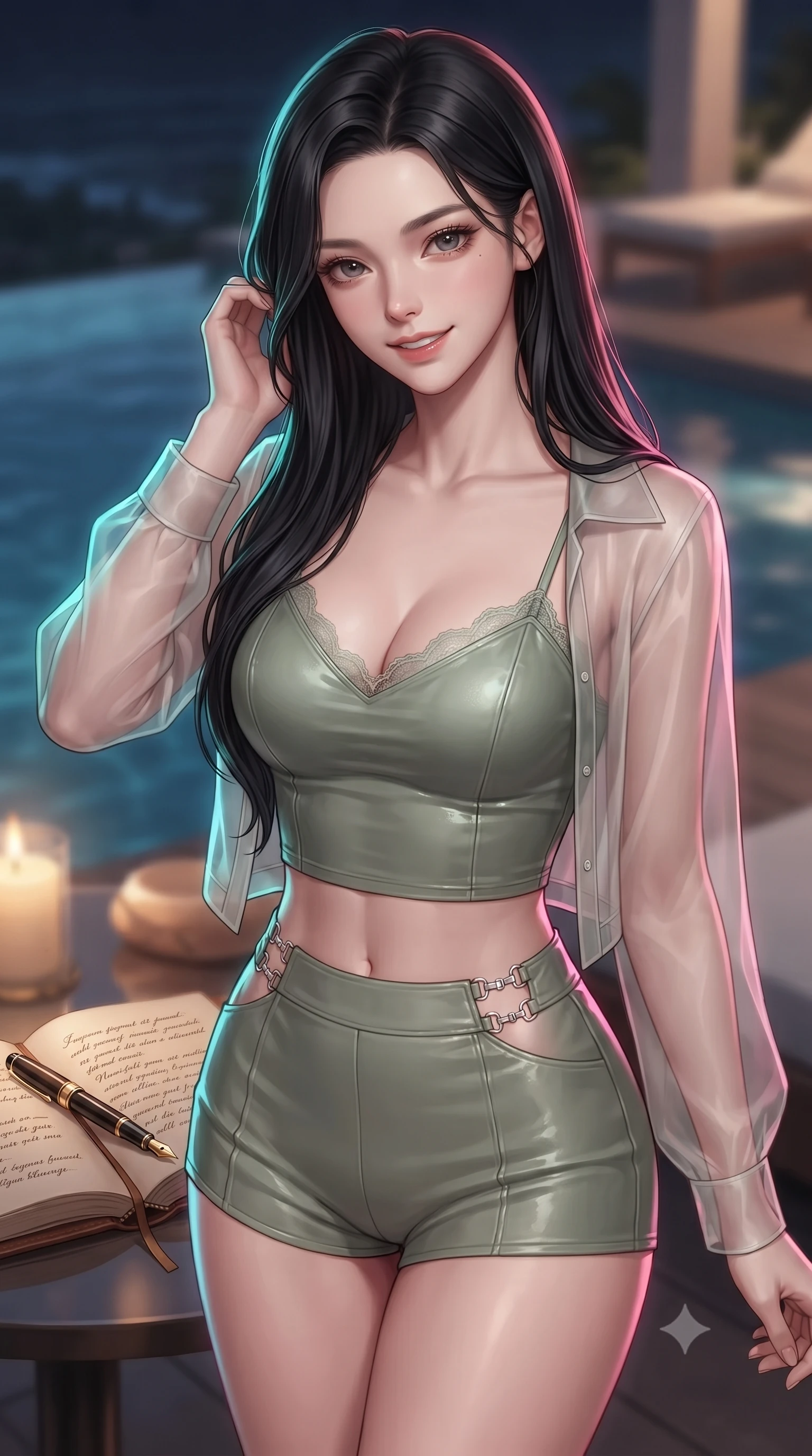 score_9, masterpiece, best quality, ultra-detailed, high-budget anime keyframe, editorial fashion photography, tasteful artistic composition, Korean woman. close-up cowboy shot from the waist and thighs up, the character dominates the composition, filling the frame with her large presence, background elements kept in soft focus. flashing a warm, intoxicating grin while gently tucking a strand of hair behind her ear set against a soft-focus background of inside an exclusive infinity pool deck with an open leather journal and a gold fountain pen sitting next to a candle. She has an exceptionally elegant, slender, and willowy female figure with an ultra-slim waist, a gracefully sculpted slender torso, and a refined silhouette. sharp v-shaped jawline, high-bridge nose, intricate jewel-like eyes with depth, thick eyelashes, glossy lips with a natural sheen. wearing slim-fit sage green glossy leather delicate lace-trim crop top worn under a sheer organza cardigan with high-waist micro-shorts accented with delicate silver hardware. drenched in dramatic neon rim-lighting that traces the sleek contours of her figure. highly saturated vibrant anime colors, detailed shading with soft gradients, rich glossy textures, high-contrast stereoscopic depth, volumetric dynamic lighting, master piece, 9:16 ratio
