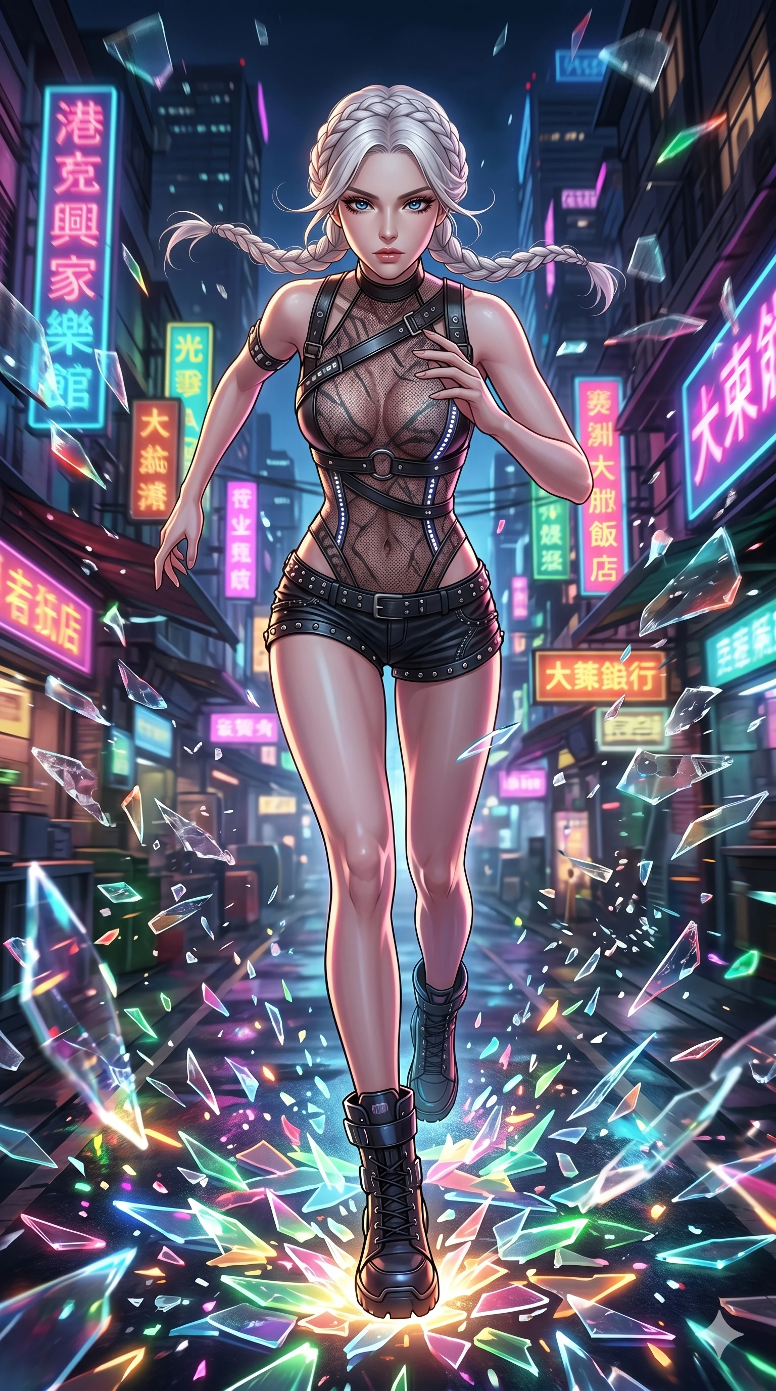 score_9, masterpiece, best quality, ultra-detailed, Set A: High-budget Anime Keyframe, Korean woman. Low angle cowboy shot filling the entire 9:16 frame with her statuesque presence. Sprinting through a futuristic night market, as the ground beneath her turns into 171 shards of light and surrounded by shattered glass fragments. She has an absolutely perfect 8-heads proportion, an exceptionally tall and slender female figure with impossibly long slender legs and an ultra-slim waist. Sharp v-shaped jawline, high-bridge nose, intricate jewel-like eyes with depth, thick eyelashes, glossy lips with a natural sheen. Wearing Asymmetrical leather harness over a sheer mesh leotard and studded micro-shorts. Cinematic lighting, vibrant colors, dramatic shadows, 2k, ultra detail, master piece, 9:16 ratio