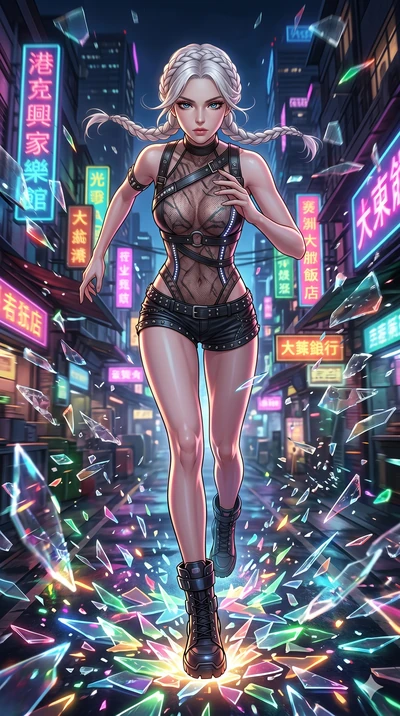 score_9, masterpiece, best quality, ultra-detailed, Set A: High-budget Anime Keyframe, Korean woman. Low angle cowboy shot filling the entire 9:16 frame with her statuesque presence. Sprinting through a futuristic night market, as the ground beneath 