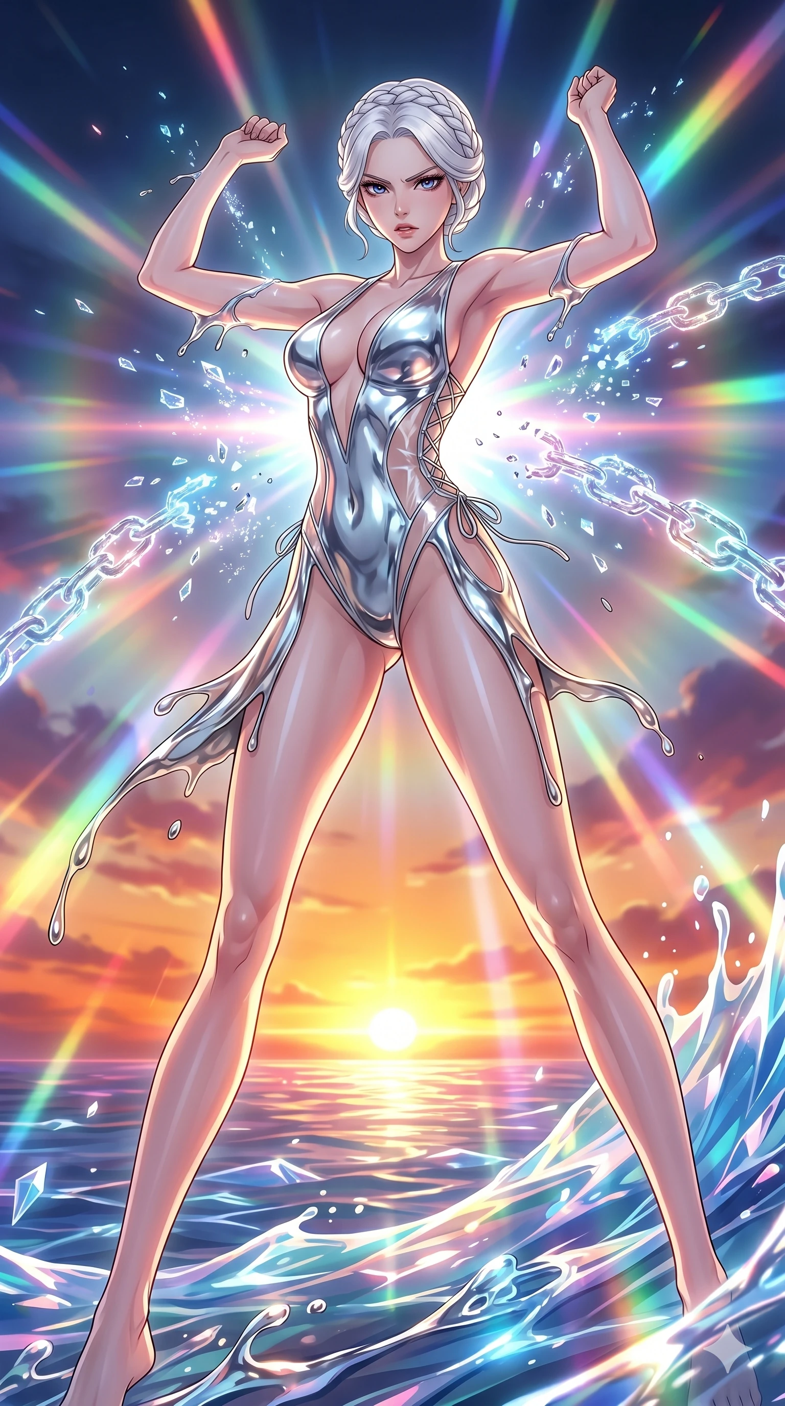 score_9, masterpiece, best quality, ultra-detailed, High-budget Anime Keyframe, vibrant colors, fluid line-art, expressive lighting, cinematic composition, Ufotable-style visual effects, top-tier animation quality, Korean woman with idol-like refined features. Dynamic full-body shot stretching the vertical silhouette, capturing her from a powerful low-angle perspective. Breaking free from glowing energy chains with a powerful burst of inner light, the links shattering into digital dust. She has an absolutely perfect 8-heads proportion, an exceptionally tall and slender female figure with impossibly long slender legs and an ultra-slim waist, her statuesque height and towering silhouette dominating the vertical 9:16 frame. Her face is a masterpiece featuring a sharp v-shaped jawline, high-bridge nose, intricate jewel-like eyes with depth, thick eyelashes, and glossy lips with a natural sheen. She is wearing a High-cut leotard with metallic plating and translucent PVC panels on the sides crafted from Molten liquid mercury that flows and reflects the environment with metallic perfection, featuring a deep plunging neckline and delicate lace-up side details. The scene is set in a vibrant sunset over a futuristic crystalline ocean with waves made of liquid light, illuminated by volumetric light beams cutting through a hazy atmosphere, creating a sense of depth. 2k, ultra detail, master piece, 9:16 ratio