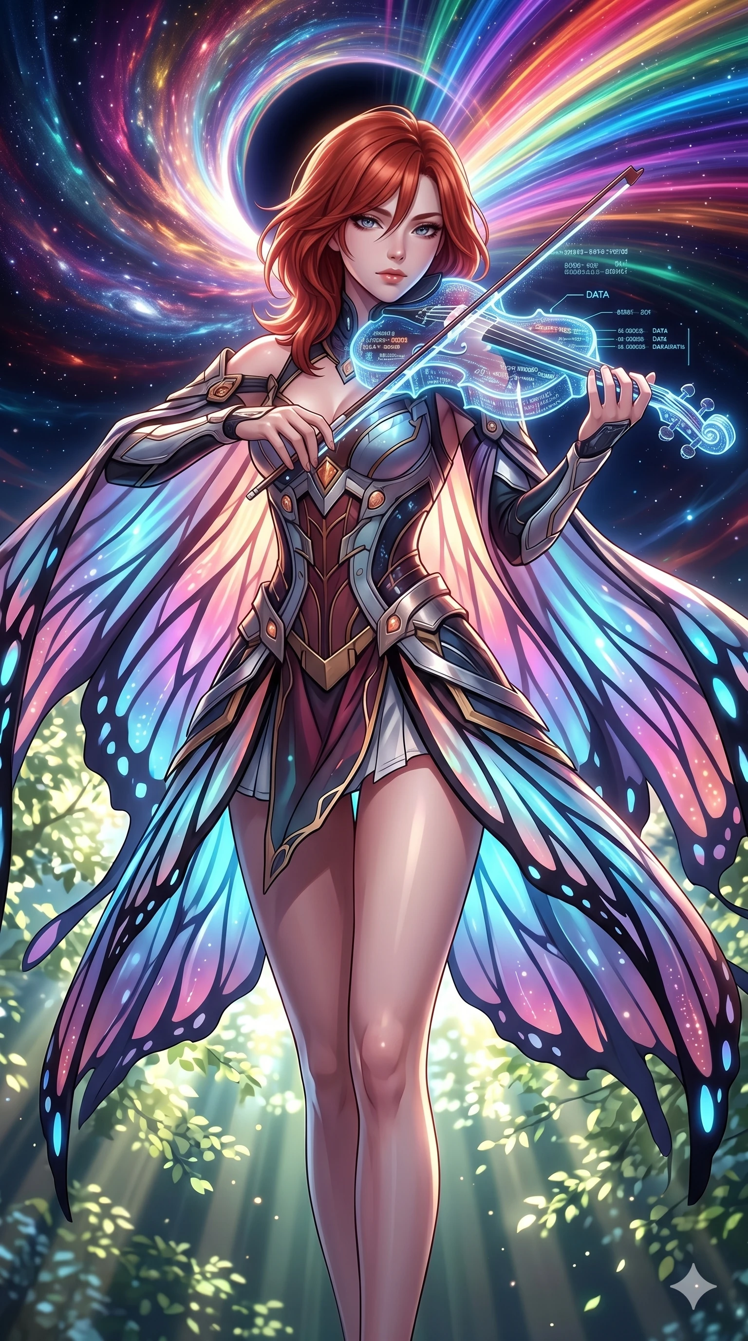 score_9, masterpiece, best quality, ultra-detailed, Set A: High-budget Anime Keyframe, Japanese woman. Upper body close-up from the thighs up, character filling the screen for maximum presence. Theme: Historical Remix. playing a holographic violin in the edge of a black hole, with a look of serene power as the sky splits into 28 colors. The atmosphere is filled with cinematic sunlight through leaves. She has an absolutely perfect 8-heads proportion, an exceptionally tall and slender female figure with impossibly long slender legs and an ultra-slim waist. Sharp v-shaped jawline, high-bridge nose, intricate jewel-like eyes with depth, glossy lips. Wearing Cybernetic butterfly-theme dress with glowing wing-patterned silk capes. Cinematic lighting, vivid colors, dramatic shadows, 2k, ultra detail, master piece, 9:16 ratio