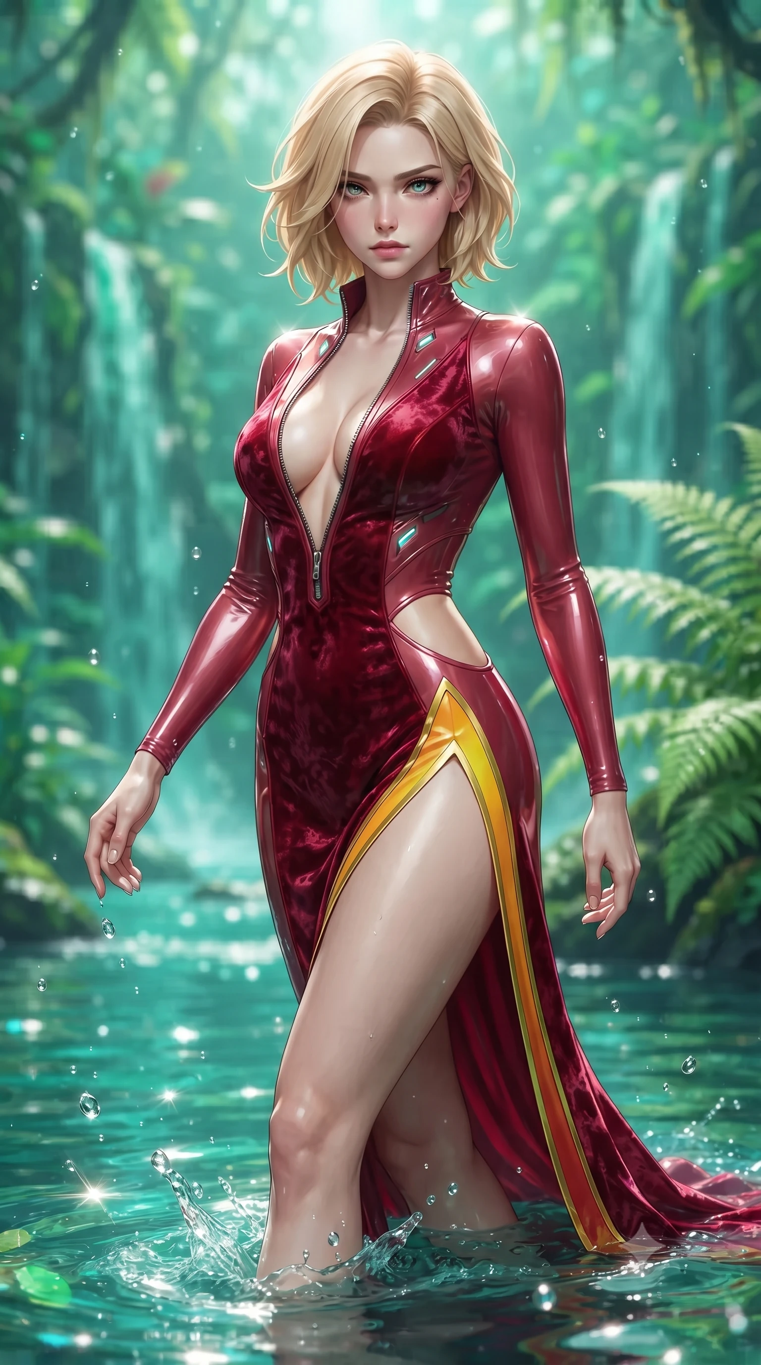 score_9, masterpiece, best quality, ultra-detailed, high-budget anime keyframe, editorial fashion photography, tasteful artistic composition, Caucasian woman. close-up cowboy shot from the waist and thighs up, the character dominates the composition, filling the frame with her large presence. gazing directly into the lens with bedroom eyes and a breathtaking, dangerous allure that commands the entire composition while stepping gracefully through shallow emerald water with an alluring, confident backward glance. The composition keeps background elements in soft focus with creamy bokeh. cascading emerald waterfalls and sunlit jungle ferns blurred into lush green and turquoise bokeh. She has an exceptionally elegant, slender, and willowy female figure with an ultra-slim waist, a gracefully sculpted slender torso, toned flat midriff, and a refined slim silhouette. sharp v-shaped jawline, high-bridge nose, intricate jewel-like eyes with depth, thick eyelashes, glossy lips with a natural sheen, flawlessly proportioned anatomical accuracy, strict slender model proportions, natural body alignment, perfectly sculpted long slender limbs, ultra-slim waistline, clean dynamic posture without body distortion. wearing a backless crimson crushed velvet gown with a deep plunging V-neckline, strategic hip cutouts, and an ultra-high thigh slit in vibrant sunburst canary yellow and gold trim, crafted from ultra-reflective second-skin latex with a high-gloss glass-like polish, featuring a dangerously unzipped neckline framed by glowing cybernetic accents, the sleek second-skin cut tightly hugging her graceful clavicle, narrow waist, and feminine curves with athletic precision. illuminated by sparkling water droplet refractions and crisp white key lighting. ultra-reflective glossy finish, specular highlights, metallic sheen, high-contrast stereoscopic depth, volumetric dynamic lighting, 2k, ultra detail, master piece, 9:16 ratio