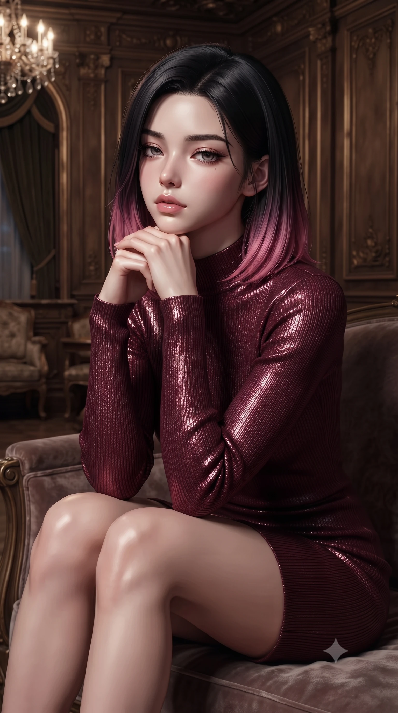 score_9, masterpiece, best quality, ultra-detailed, high-budget anime keyframe, editorial fashion photography, tasteful artistic composition, Korean woman. close-up cowboy shot from the waist and thighs up, the character dominates the composition, filling the frame with her large presence, background elements kept in soft focus. resting her chin on the backs of her fingers, casting a heavy-lidded, sultry look past the camera the background shows a soft-focus a velvet-lined lounge corner inside a historic opera house theater foyer. She has an exceptionally elegant, slender, and willowy female figure with an ultra-slim waist, a gracefully sculpted slender torso, and a refined silhouette. sharp v-shaped jawline, high-bridge nose, intricate jewel-like eyes with depth, thick eyelashes, glossy lips with a natural sheen. wearing a form-contouring form-contouring bodycon sweater dress in deep burgundy, featuring a snug mock-neck. low-contrast warm ambient glow creating a calm and mysterious mood. ultra-reflective glossy finish, specular highlights, metallic sheen, high-contrast stereoscopic depth, volumetric dynamic lighting, 2k, ultra detail, master piece, 9:16 ratio