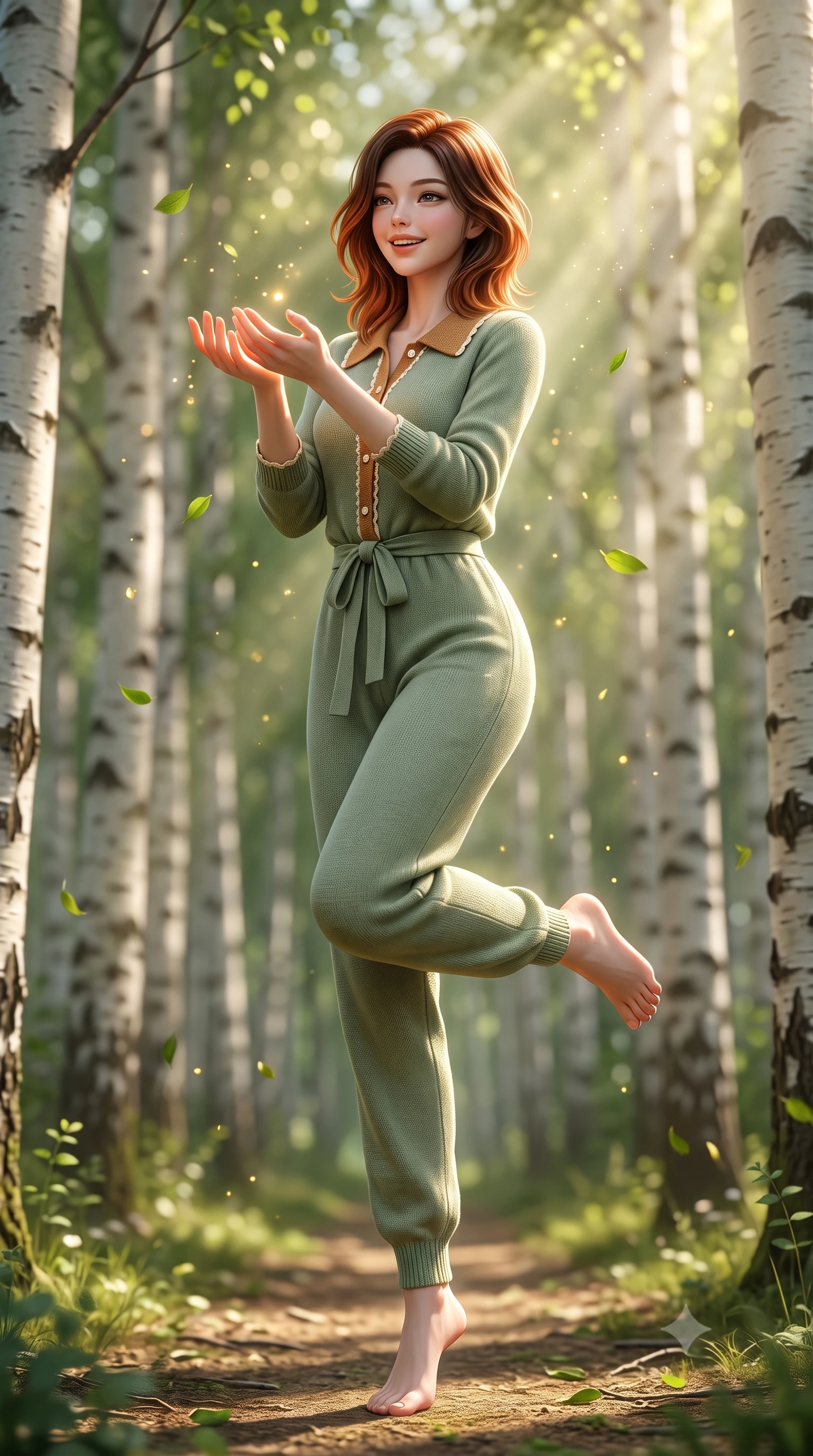 score_9, masterpiece, best quality, ultra-detailed, high-budget anime keyframe, semi-realistic 3D game render, editorial fashion photography, tasteful artistic composition, Korean woman. low angle full-body shot from head to toe showing her feet, filling the entire 9:16 vertical frame with her statuesque presence, stretching her vertical silhouette. standing poised on one leg with a playful hop and joyful expression, her long legs and slender figure highlighted against the landscape while catching dancing sunbeams and falling green leaves with cupped hands in a joyful, dynamic pose. The composition keeps background elements in soft focus with creamy bokeh. dappled sunbeams filtering through tree leaves scattering celestial golden light motes. She has an absolutely perfect, statuesque 8.5-heads proportion, an exceptionally tall and slender model-like female figure with impossibly long slender legs, a toned flat midriff, and an ultra-slim waist. sharp v-shaped jawline, high-bridge nose, intricate jewel-like eyes with depth, thick eyelashes, glossy lips with a natural sheen, pure and lovely fresh girlhood expression, flawlessly proportioned anatomical accuracy, strict slender model proportions, natural body alignment, perfectly sculpted long slender limbs, ultra-slim waistline, clean dynamic posture without body distortion. wearing a relaxed sage green linen jumpsuit with a tied waist sash and folded collar in warm caramel and cream vanilla, knitted from ultra-soft cozy baby-cashmere yarn, finished with delicate scallop trims and tiny pearl buttons, the body-hugging lightweight knit clinging delicately to her slender torso, accentuating her graceful neck and feminine lines. bathed in heavenly volumetric sunbeams piercing through the dense birch canopy. highly saturated vibrant anime colors, detailed shading with soft gradients, rich glossy textures, high-contrast stereoscopic depth, volumetric dynamic lighting, master piece, 9:16 ratio
