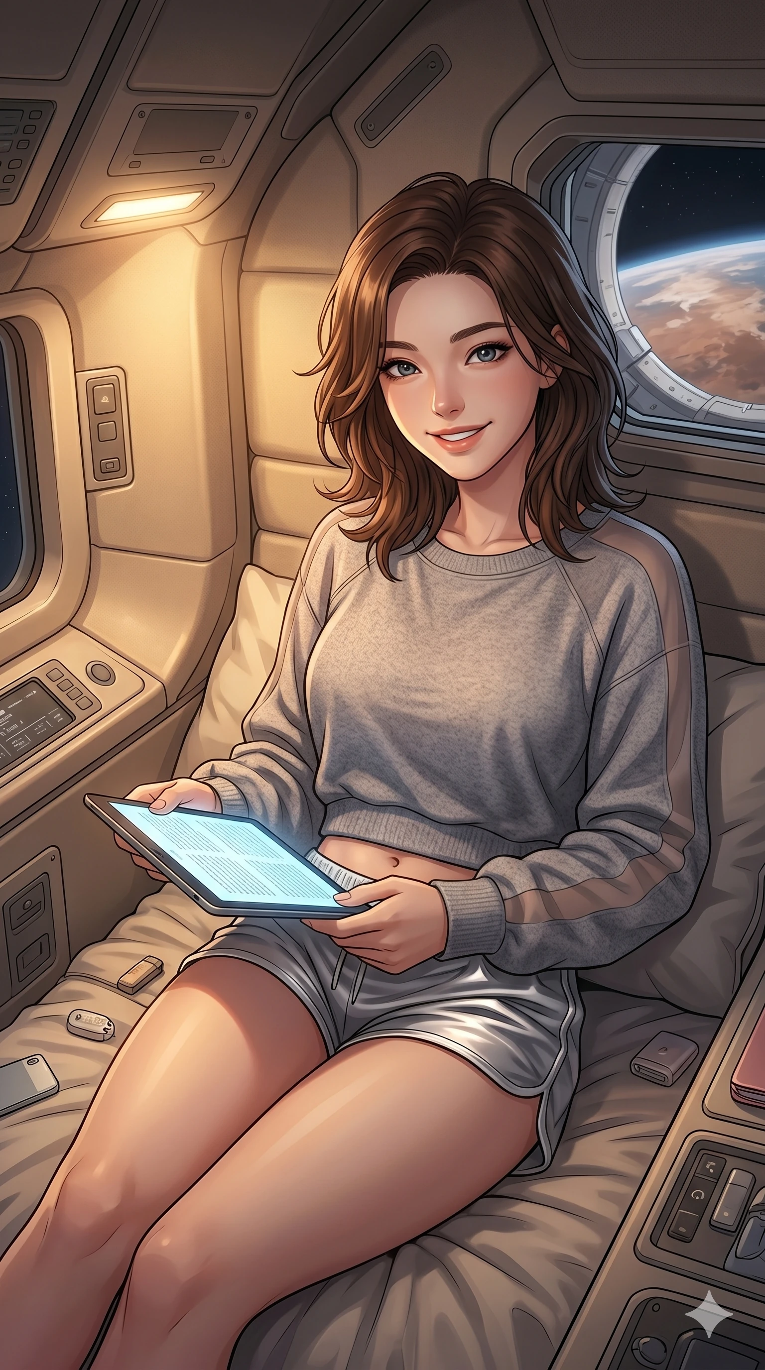score_9, masterpiece, best quality, ultra-detailed, high-budget anime keyframe, Korean woman. Upper body close-up from the thighs up, character filling the screen for maximum presence. Inside a space station sleeping pod, reading a digital book, sitting up, looking towards the camera with a warm, friendly expression. She is wearing a comfortable cropped sweater with sheer panels and silver shorts. The scene is lit by a warm reading light inside the cozy pod. 2k, ultra detail, master piece, 9:16 ratio