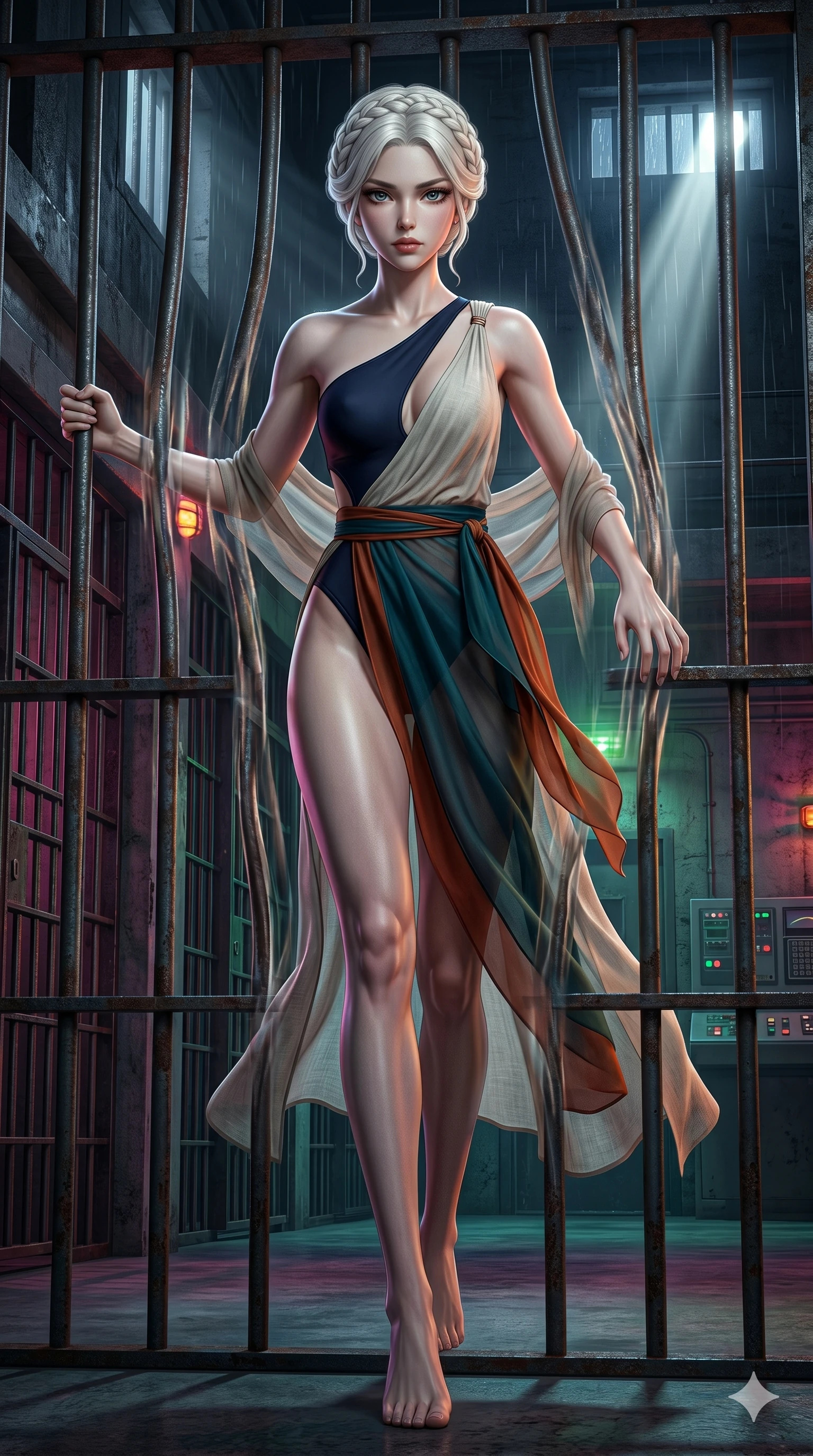 score_9, masterpiece, best quality, ultra-detailed, photorealistic 8k CG, hyper-detailed textures, ray-tracing, Japanese woman. Low angle cowboy shot capturing a powerful motion and statuesque presence. escaping a high-security prison by phasing through the bars. She has an absolutely perfect 8-heads proportion, an exceptionally tall and slender female figure with an ultra-slim waist and impossibly long slender legs. strictly human anatomy, two legs only, no extra limbs, clearly defined legs and arms, perfect anatomy, perfect hands and fingers. sharp v-shaped jawline, high-bridge nose, intricate jewel-like eyes, thick eyelashes, glossy lips. Wearing Seasonal/Resort: High-cut one-piece with sarong, linen sundress with tie-back, and sheer fabric wrap. The scene is illuminated by dramatic atmospheric lighting and vibrant color palettes. , 2k, ultra detail, master piece, 9:16 ratio