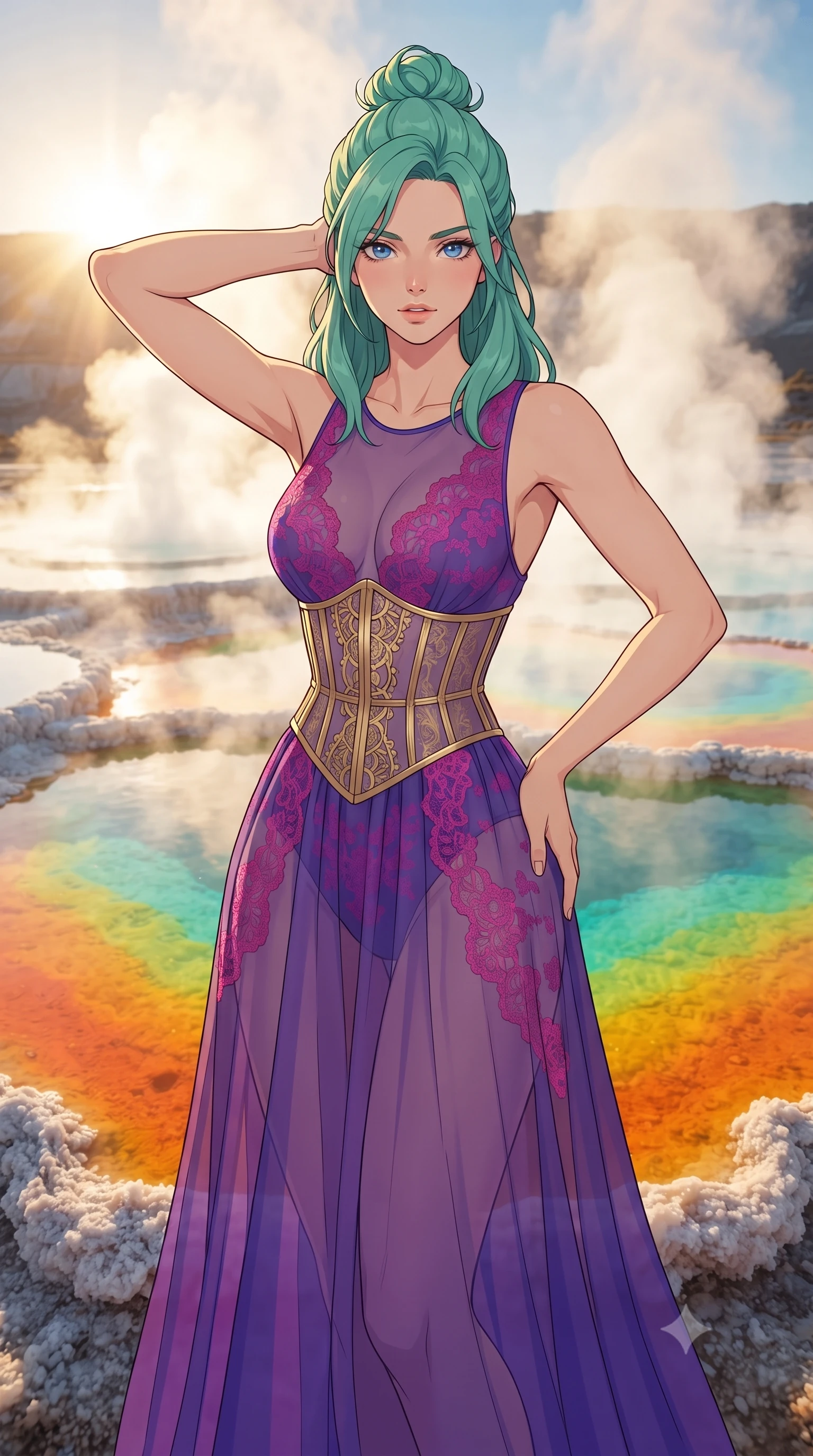 score_9, masterpiece, best quality, ultra-detailed, high-budget anime keyframe, gorgeous anime illustration, artistic 2d flat cel-shaded style, Japanese woman. close-up cowboy shot from the waist and thighs up, the character dominates the composition, filling the frame with her large presence, background elements kept in soft focus. Placing one hand behind her head with confident body language and a direct stare. set against a soft-focus background of standing on stepped mineral pools colored in vivid rainbow bands of orange, yellow, and turquoise, with dense white steam rising and crystallized salt formations framing the pools. She has an exceptionally elegant and slender, willowy female figure with an ultra-slim waist, a gracefully sculpted slender torso, and a refined slim physique. sharp v-shaped jawline, high-bridge nose, intricate jewel-like eyes with depth, thick eyelashes, glossy lips with a natural sheen. wearing a floor-length sheer gown in royal purple, featuring strategic fuchsia lace placement and a gold corset. low-angle golden sun backlighting the steam columns, creating bright white-gold mist and casting colored pool reflections. 2k, ultra detail, master piece, 9:16 ratio, vibrant anime color palette, flat color shading, 2d animation style