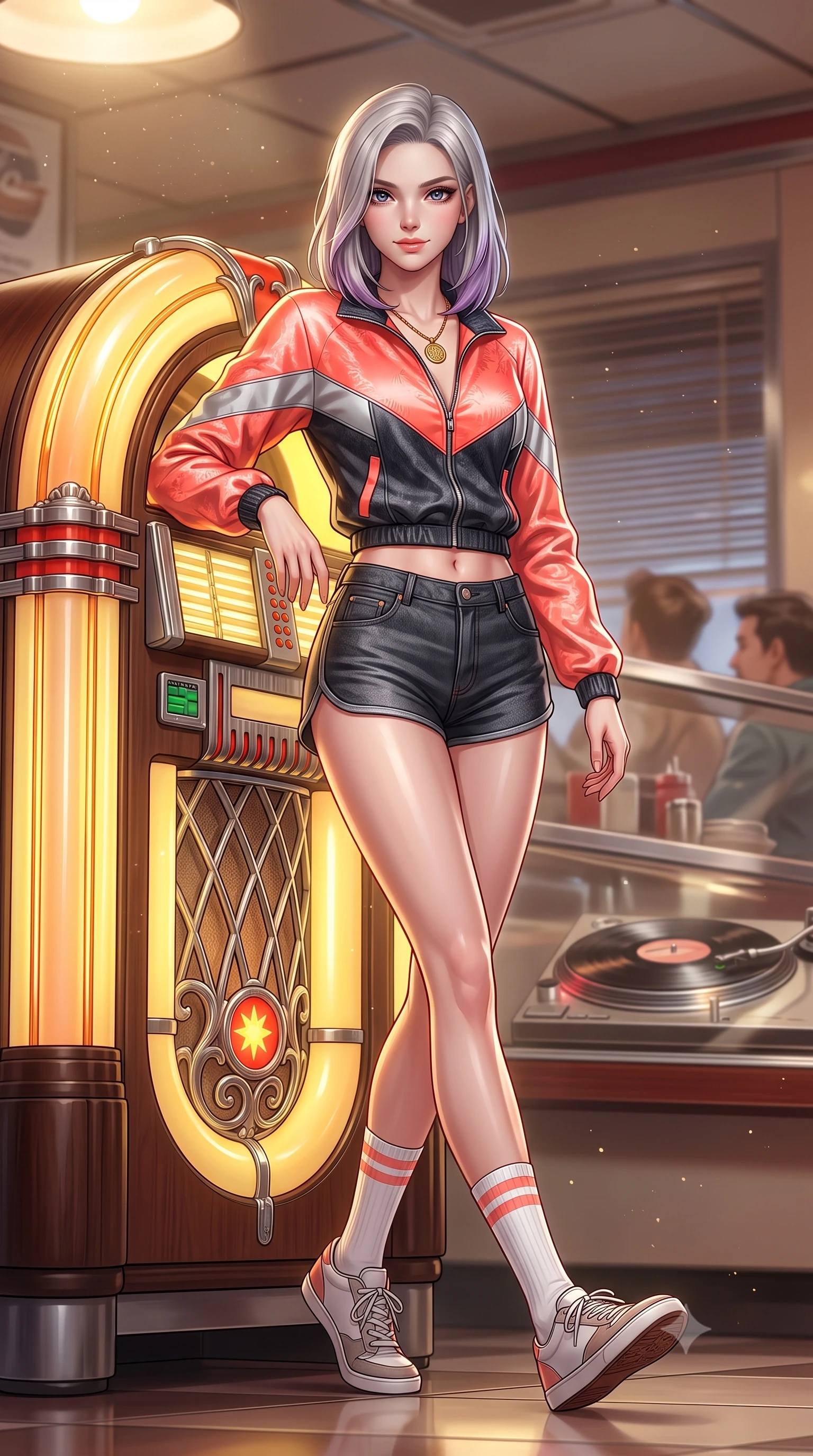 score_9, masterpiece, best quality, ultra-detailed, high-budget anime keyframe, semi-realistic 3D game render, editorial fashion photography, tasteful artistic composition, Caucasian woman. low angle full-body shot from head to toe showing her feet, filling the entire 9:16 vertical frame with her statuesque presence, stretching her vertical silhouette. stepping forward gracefully in mid-motion, displaying her toned flat midriff and flawlessly sculpted slender limbs while leaning against a classic jukebox as warm golden tubes glow behind her, tapping her foot to an old groove. The composition keeps background elements in soft focus with creamy bokeh. drifting warm light dust motes and spinning turntable reflections scattering golden glints. She has an absolutely perfect, statuesque 8.5-heads proportion, an exceptionally tall and slender model-like female figure with impossibly long slender legs, a toned flat midriff, and an ultra-slim waist. sharp v-shaped jawline, high-bridge nose, intricate jewel-like eyes with depth, thick eyelashes, glossy lips with a natural sheen, captivating and magnetic expression, flawlessly proportioned anatomical accuracy, strict slender model proportions, natural body alignment, perfectly sculpted long slender limbs, ultra-slim waistline, clean dynamic posture without body distortion. wearing a sporty 80s retro track jacket paired with high-waisted dolphin running shorts and tube socks in retro neon coral and washed black denim, crafted from liquid-smooth silk satin with subtle floral jacquard, accented with a vintage gold coin pendant necklace and dark sheer tights, the liquid-tight tailored fabric emphasizing every curve of her tall, slender model proportions and sculptured silhouette during dynamic movement. illuminated by soft directional key light defining her high-bridge nose, glossy lips, and slender neckline. highly saturated vibrant anime colors, detailed shading with soft gradients, rich glossy textures, high-contrast stereoscopic depth, volumetric dynamic lighting, master piece, 9:16 ratio