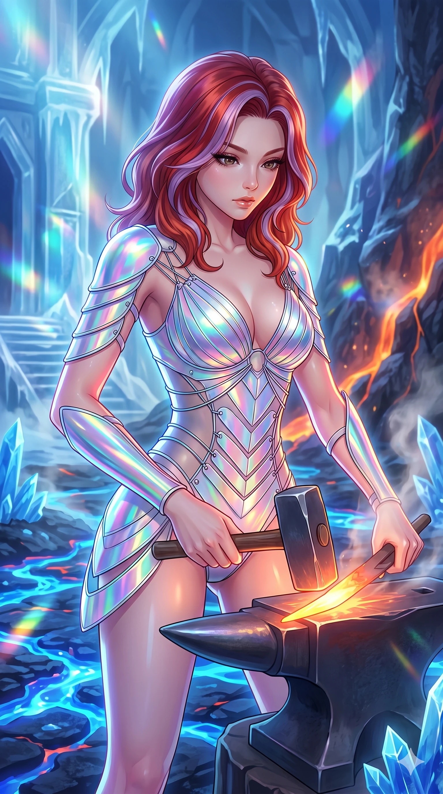 score_9, masterpiece, best quality, ultra-detailed, high-budget anime keyframe, Japanese woman. upper body close-up from the thighs up, character filling the screen for maximum presence. forging in a prismatic ice-volcano temple where glowing cobalt-blue liquid magma flows between frozen blue ash crystals. She has an absolutely perfect 8-heads proportion, an exceptionally tall and slender female figure with impossibly long slender legs and an ultra-slim waist. V-shaped jawline, high-bridge nose, intricate jewel-like eyes with depth, thick eyelashes, glossy lips with a natural sheen.. wearing a holographic ribbon shell armor, featuring thin iridescent plates linked by wire straps over a sleek contouring base. bathed in brilliant cinematic volumetric lighting and intense neon rim light highlighting her slender form. 2k, ultra detail, master piece, 9:16 ratio