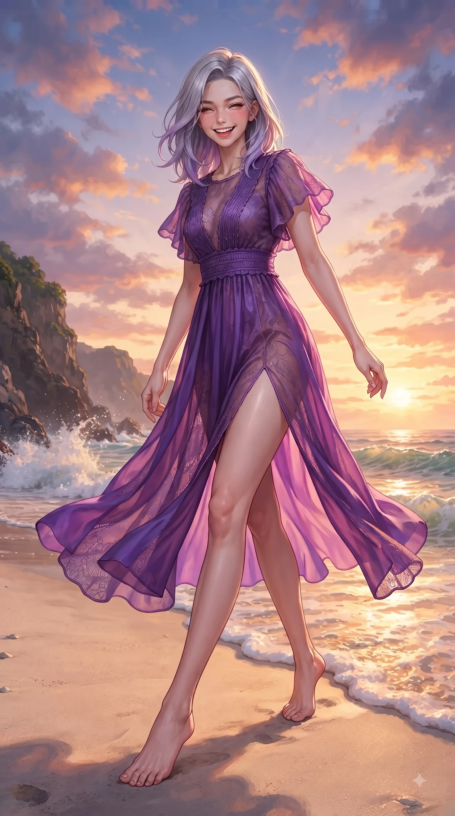 score_9, masterpiece, best quality, ultra-detailed, high-budget anime keyframe, editorial fashion photography, tasteful artistic composition, Caucasian woman. low angle full-body shot from head to toe showing her feet, filling the entire 9:16 vertical frame with her statuesque presence, stretching her vertical silhouette. Playful cute grin with eyes crinkling in pure girlhood delight, leaning forward with adorable energy while stepping along a secluded white sand beach as warm golden tide foam sweeps near her feet. The surrounding environment is rendered in vivid detail and crisp panoramic clarity. dramatic sea cliff textures, splashing wave foam, and vibrant sunset sky clouds in panoramic clarity. She has an absolutely perfect, statuesque 8.5-heads proportion, an exceptionally tall and slender model-like female figure with impossibly long slender legs and an ultra-slim waist. sharp v-shaped jawline, high-bridge nose, intricate jewel-like eyes with depth, thick eyelashes, glossy lips with a natural sheen, flawlessly proportioned anatomical accuracy, natural body alignment, perfectly sculpted elegant limbs, clean dynamic posture without body distortion. wearing a vivid violet chiffon gown with delicate smocked details and flutter sleeves in deep amethyst purple and rose gold, made of fine lace weave and soft satin jersey, finished with a sleek side slit ascending to mid-thigh, the tailored fit highlighting her statuesque and model-like silhouette. surrounded by an majestic, emotional, and breathtaking coastal editorial aura. ultra-reflective glossy finish, specular highlights, metallic sheen, high-contrast stereoscopic depth, volumetric dynamic lighting, 2k, ultra detail, master piece, 9:16 ratio