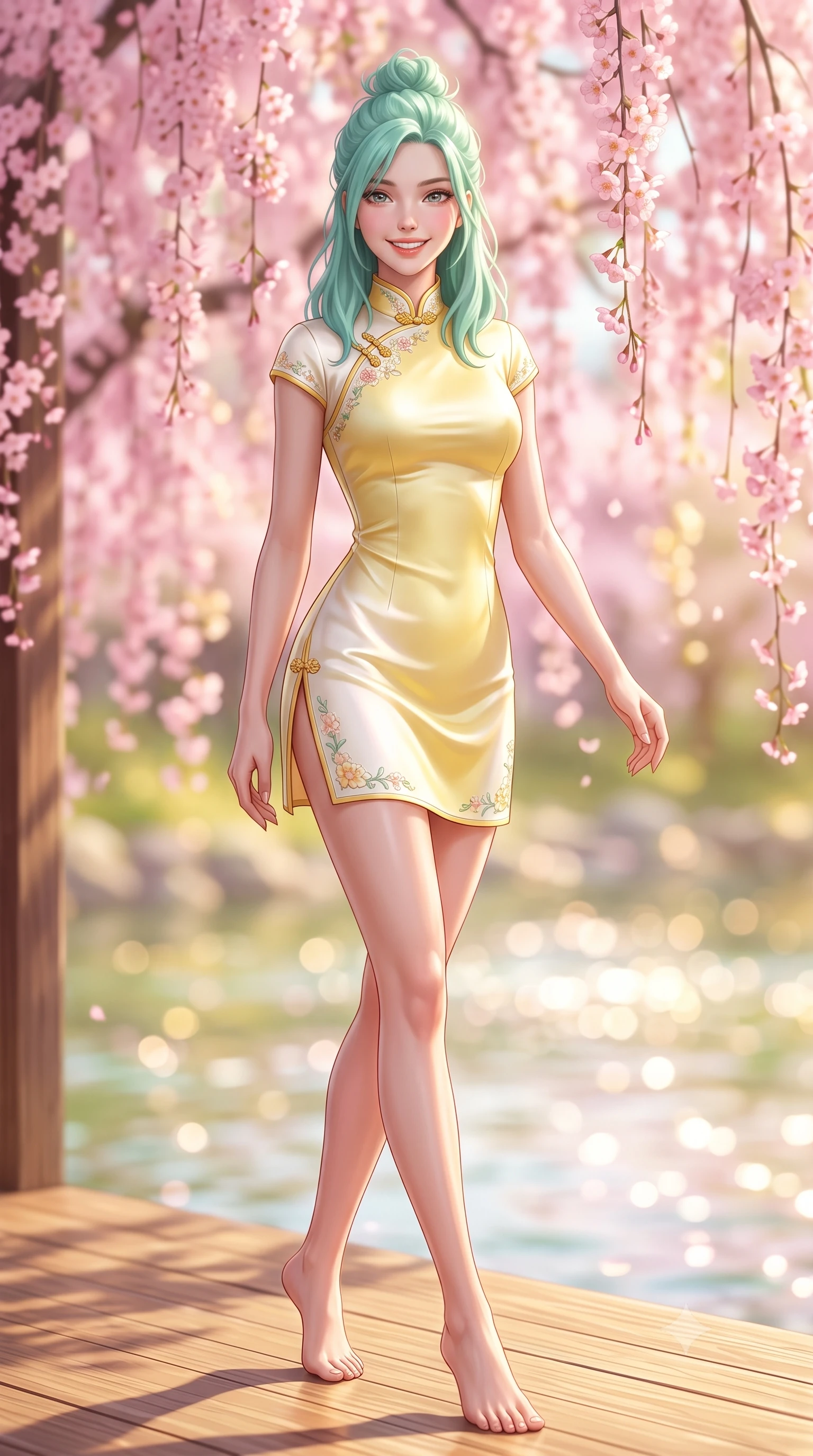 score_9, masterpiece, best quality, ultra-detailed, high-budget anime keyframe, semi-realistic 3D game render, editorial fashion photography, tasteful artistic composition, Japanese woman. low angle full-body shot from head to toe showing her feet, filling the entire 9:16 vertical frame with her statuesque presence, stretching her vertical silhouette. stepping forward gracefully in mid-motion with a radiant beaming smile, hips swaying in an alluring kinetic rhythm that accentuates her curvy hourglass silhouette and long slender legs while standing poised on the sun-warmed wooden veranda, twisting her slender torso in an alluring S-curve in the gentle spring river breeze. The composition keeps background elements in soft focus with dreamy creamy bokeh. cascading pink weeping cherry blossoms and glittering Kamogawa river waters blurred into soft sakura-pink, gold, and spring-green bokeh. She has an exceptionally tall and slender model-like 8.5-heads proportion, an ultra-slim waist, a flat toned midriff, narrow delicate ribcage, and beautifully sculpted feminine hips creating a graceful, slim hourglass silhouette without any bulky heaviness, with impossibly long slender legs. sharp v-shaped jawline, high-bridge nose, intricate jewel-like sparkling eyes with depth, thick eyelashes, glossy parted lips with a natural peach sheen, bright cheerful beaming smile with an enchanting and coquettish sensual glint, exuding both youthful cute charm and seductive allure, flawlessly proportioned anatomical accuracy, strict slender model proportions, natural body alignment, perfectly sculpted long slender limbs, ultra-slim waistline, clean dynamic posture without body distortion. wearing a modern cute qipao mini dress with double side slits ascending to the hip in pastel floral silk in bright butter yellow and fresh cream white, made of smooth fluid silk satin with a delicate pearlescent sheen, complemented by delicate embroidered floral trim along the hem, the form-contouring cut accentuating her sculpted flat midriff, narrow delicate ribcage, and gracefully curvy hips with supermodel precision. illuminated by gentle water surface reflections sharply defining her razor-sharp jawline, narrow waist, and curvy hips. highly saturated vibrant anime colors, detailed shading with soft gradients, rich glossy textures, high-contrast stereoscopic depth, volumetric dynamic lighting, master piece, 9:16 ratio
